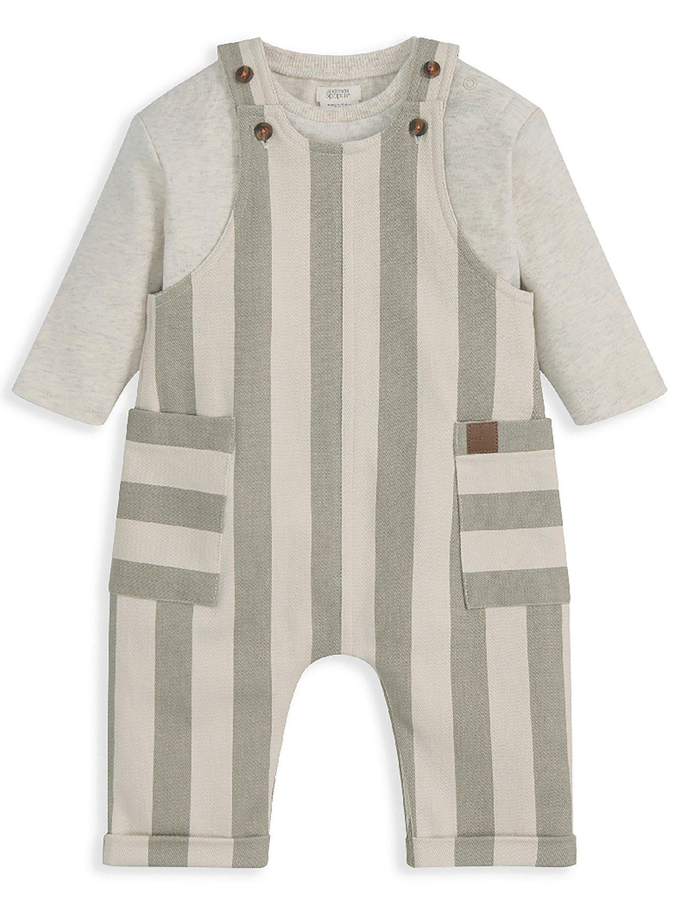 Image 2 of 3 of Mamas & Papas Baby Boys 2 Piece Stripe Dungarees &amp; Ribbed Top Set - Green