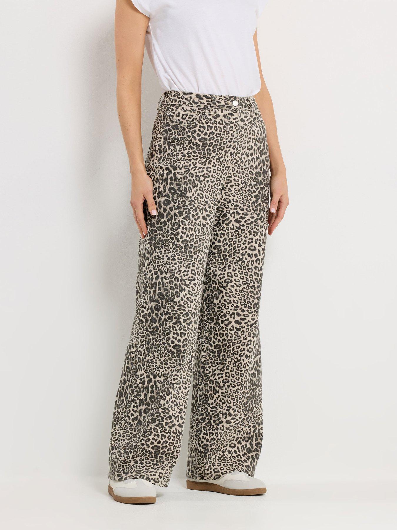 Long Tall Sally Leopard Print Wide Leg Jean 34" - Cream