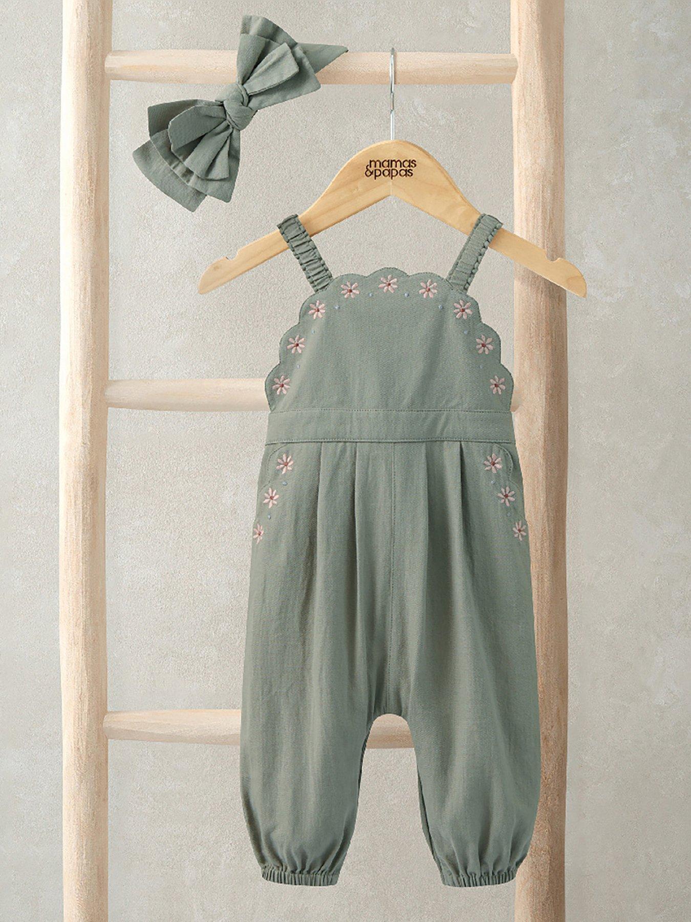 Mamas & Papas Baby Girls Scalloped Dungarees  &  Headband Set - Green