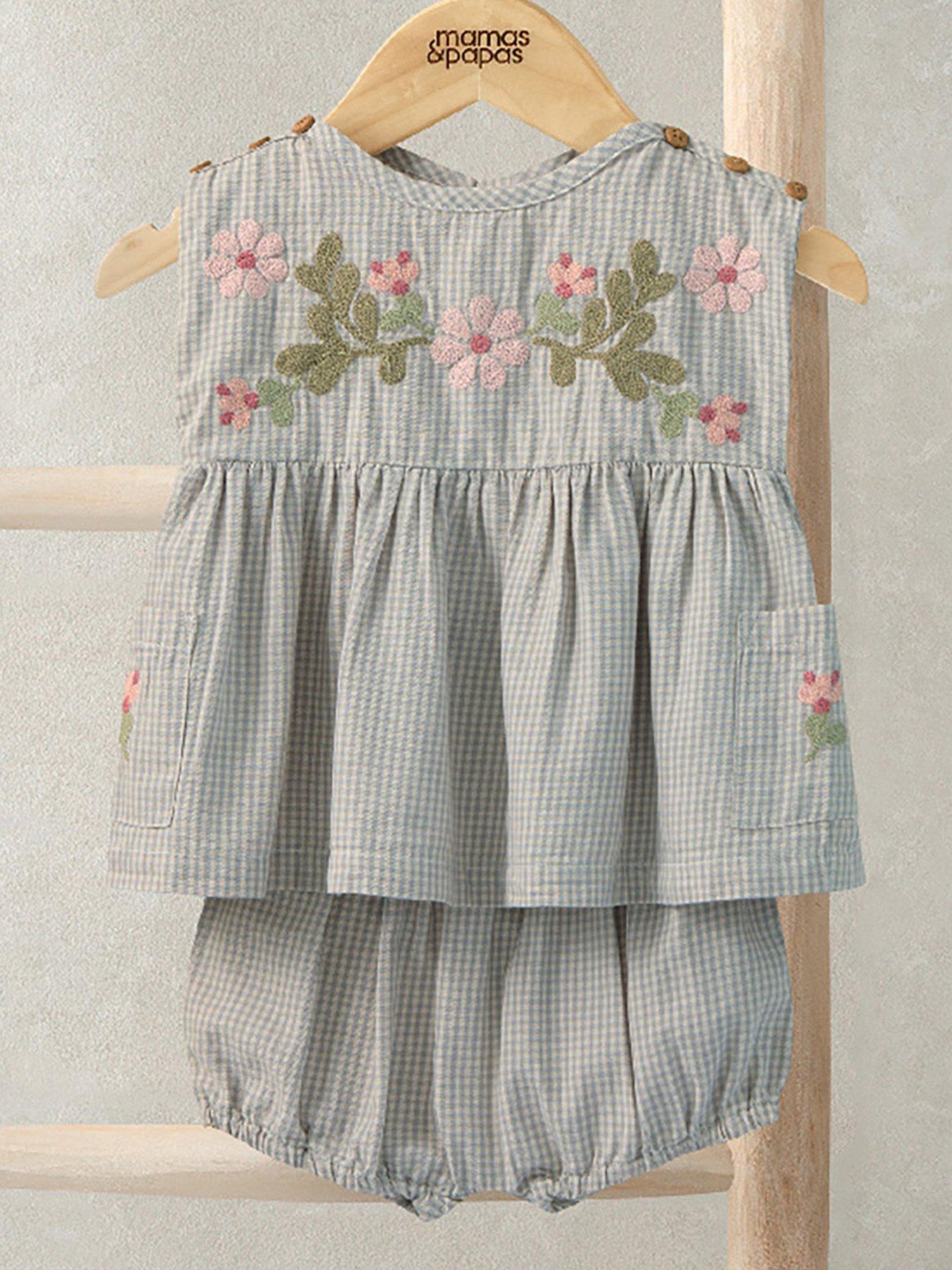 mamas-papas-baby-girls-embroidered-gingham-top-amp-shorts-set-grey