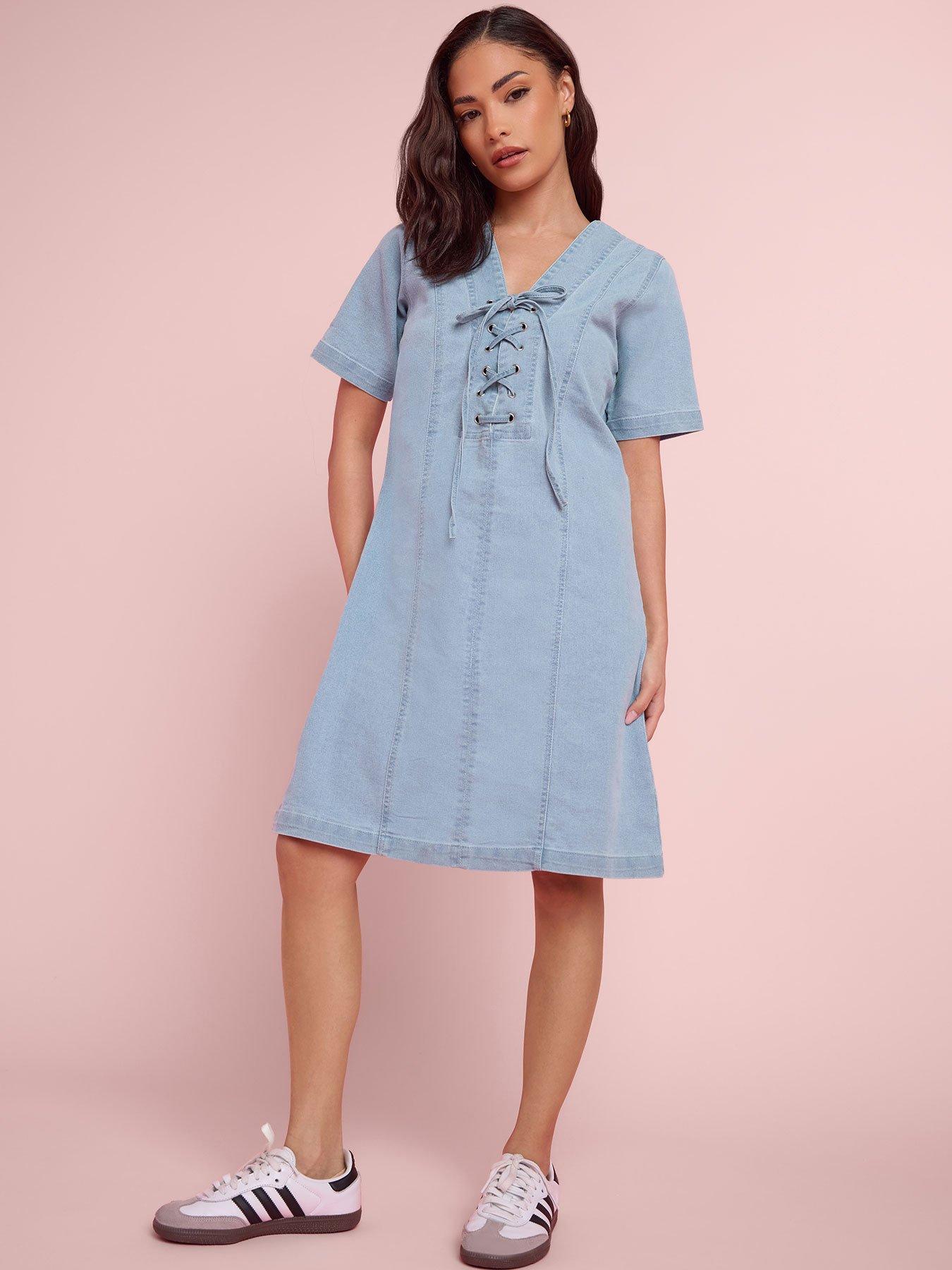 pixiegirl-petite-stretch-denim-lace-up-dress-blue