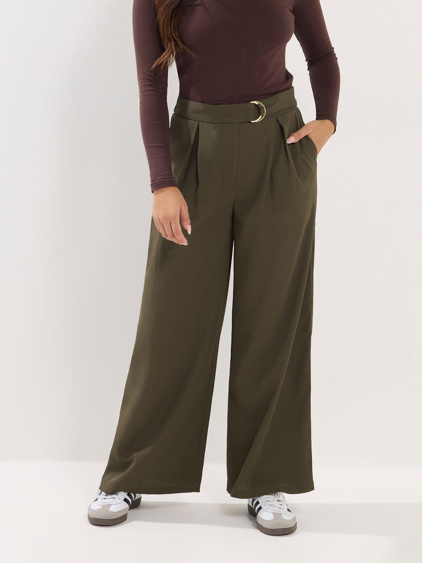 PixieGirl Petite Self Belt Buckle Wide Leg Trouser - Green