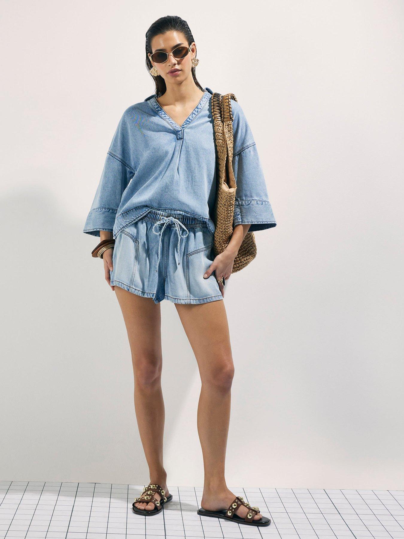 Image 3 of 4 of River Island Tie Waist Shorts - Blue