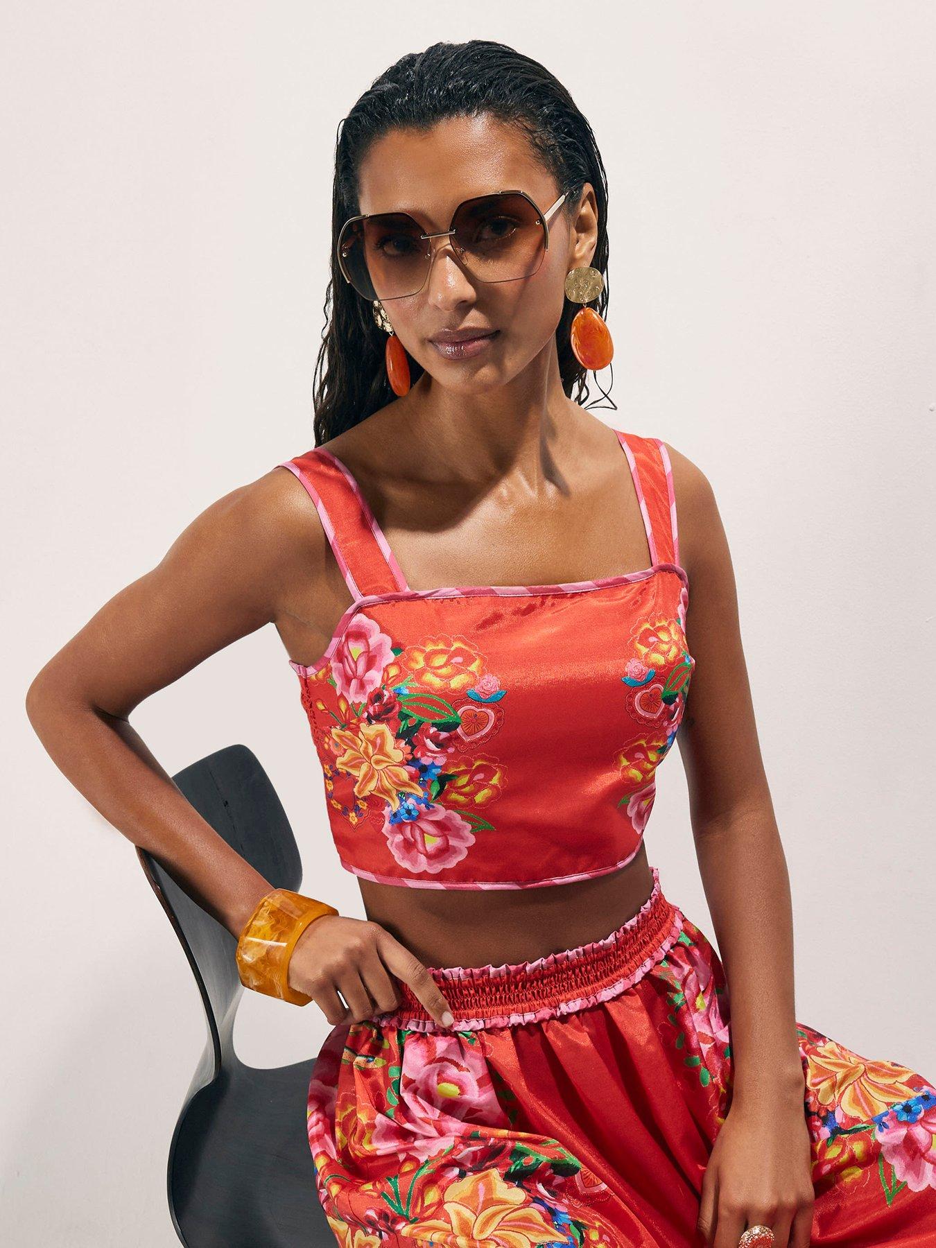 Image 1 of 4 of River Island Floral Embroidered Crop Top - Red