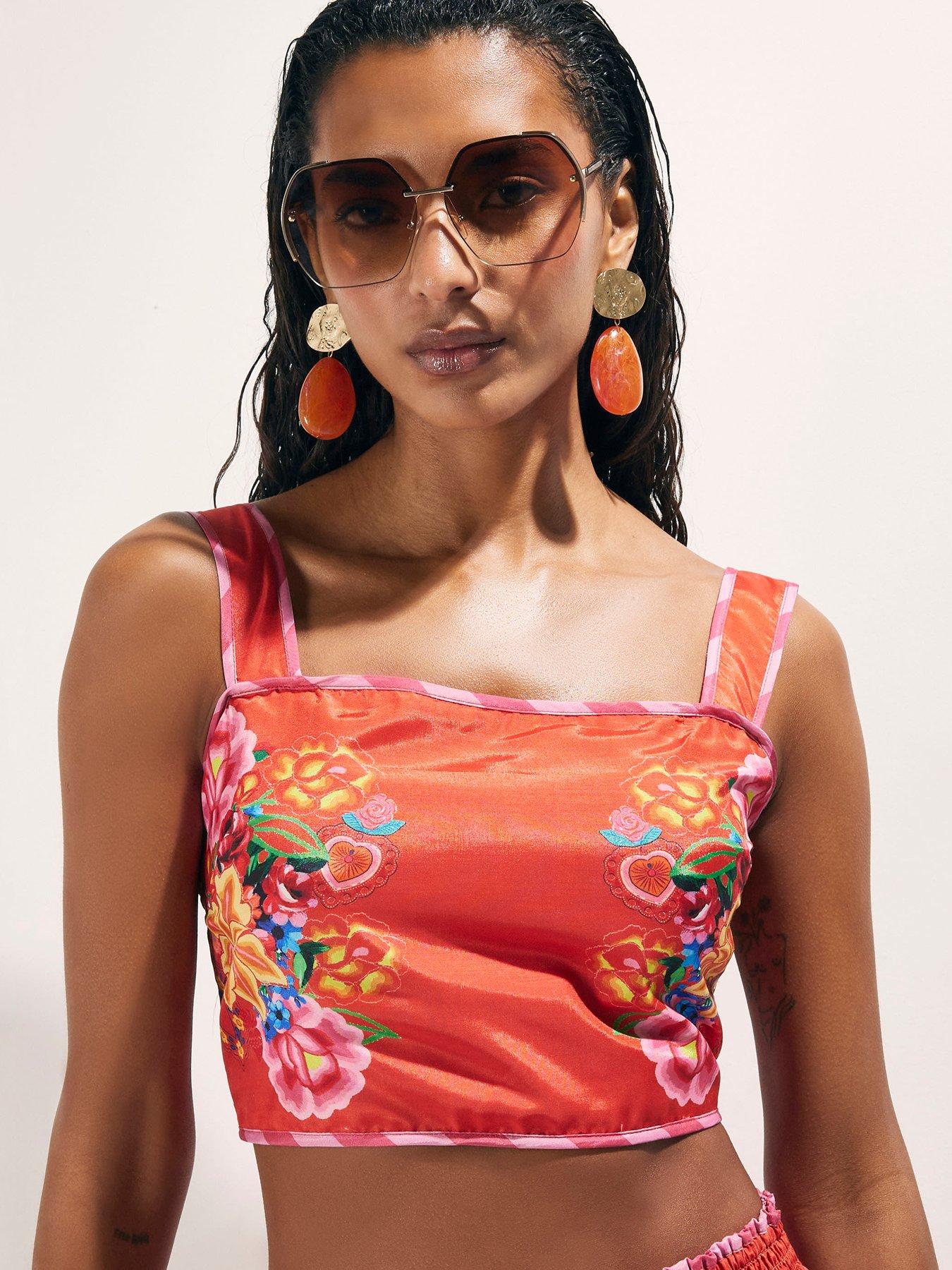 Image 4 of 4 of River Island Floral Embroidered Crop Top - Red