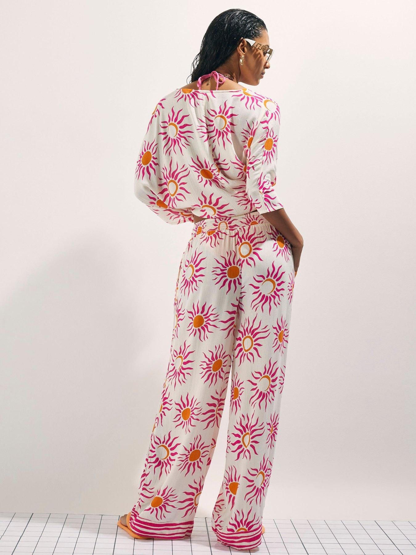 Image 2 of 4 of River Island Wide Leg Sun Print Trouser - White