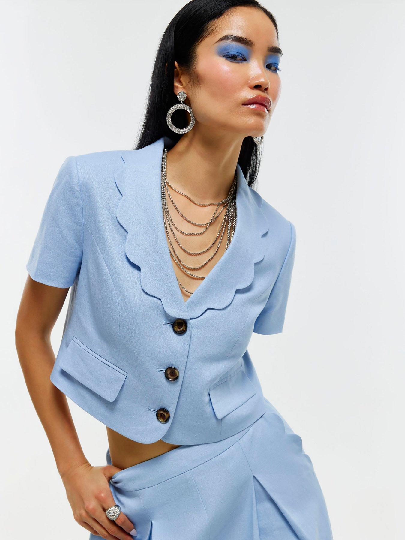 Image 1 of 6 of River Island Blue - Light Crop Scallop Linen Jacket Co-ord