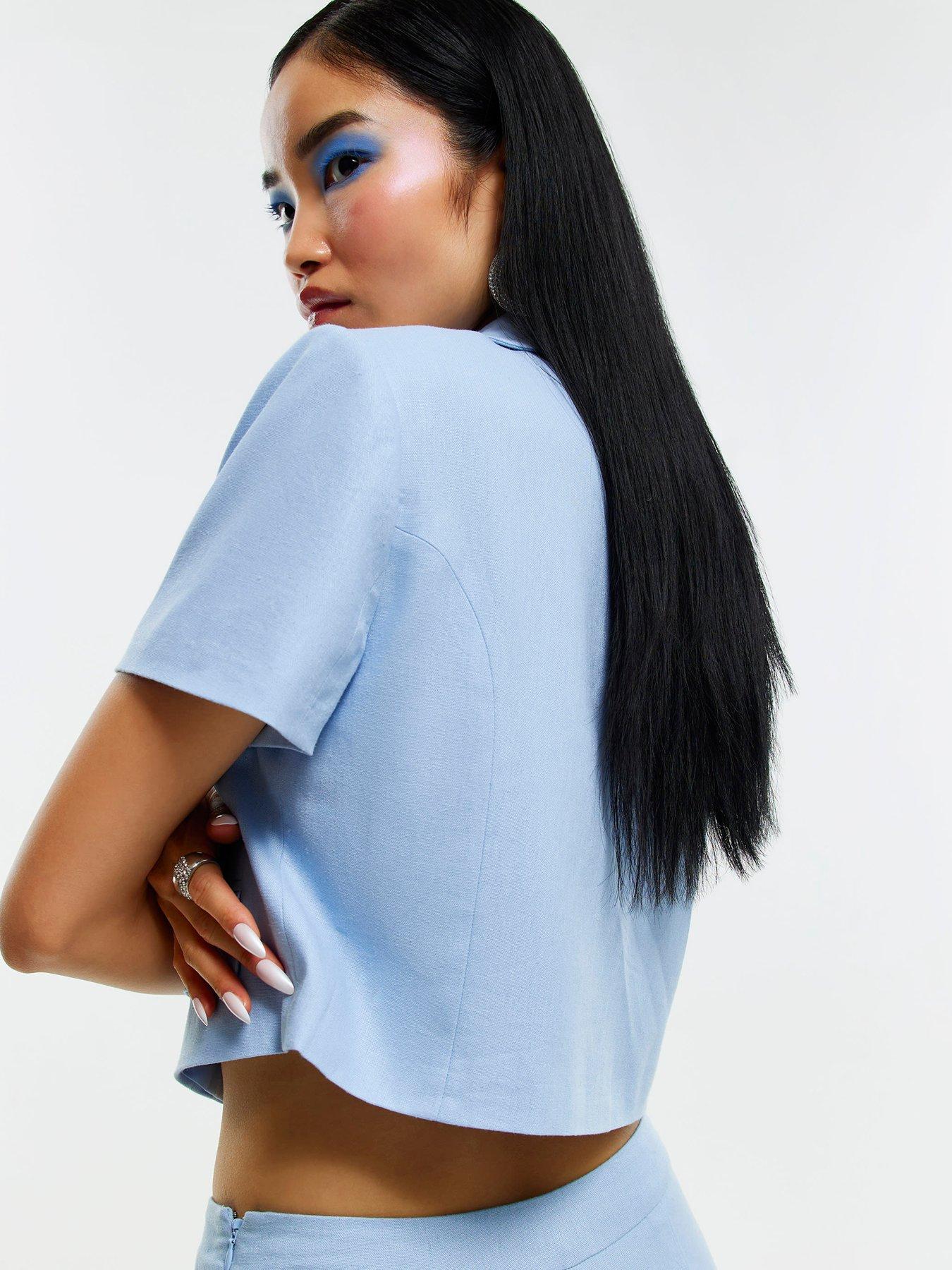 Image 2 of 6 of River Island Blue - Light Crop Scallop Linen Jacket Co-ord