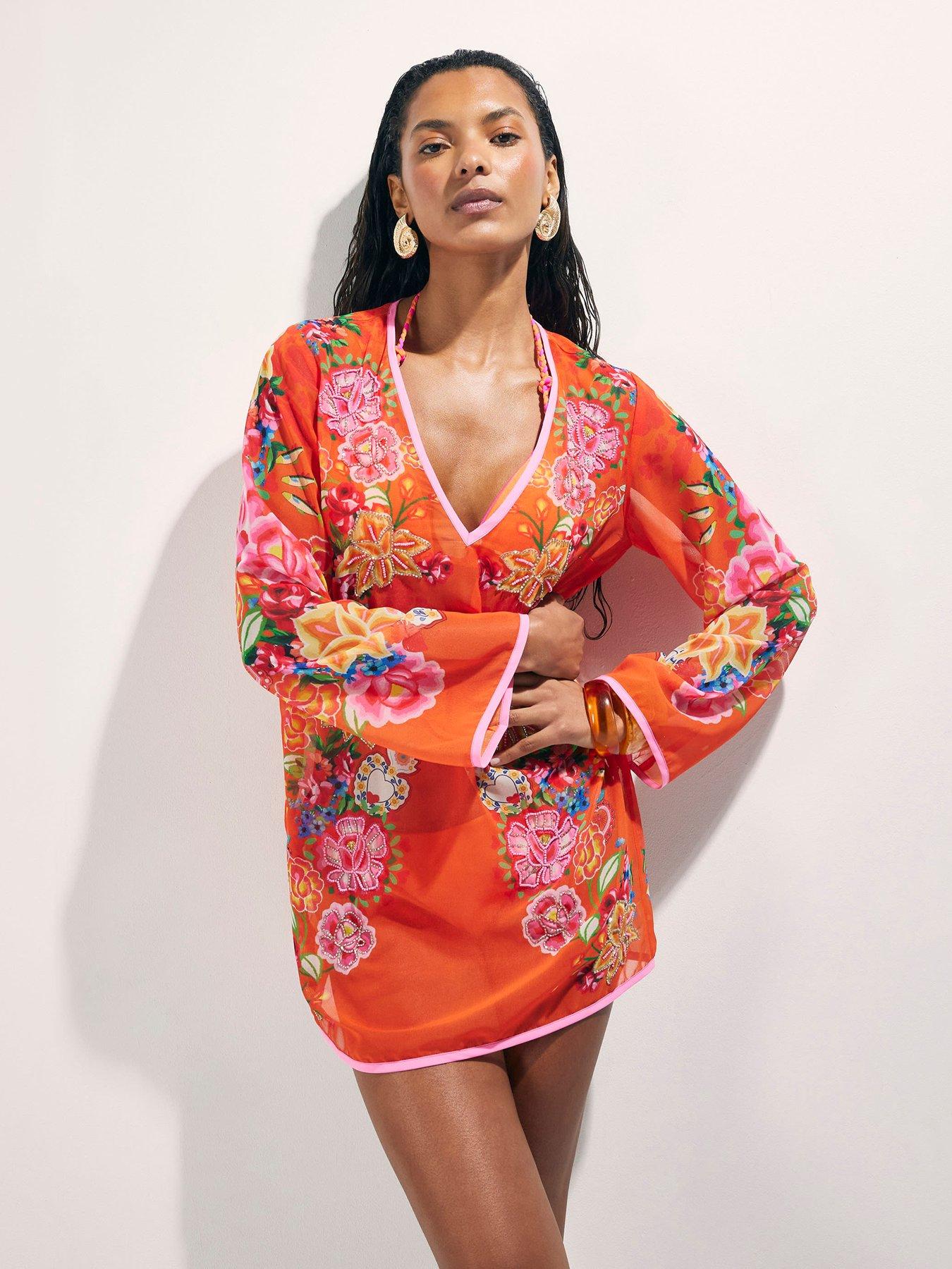 Image 1 of 4 of River Island Floral Emb Border Tunic - Orange
