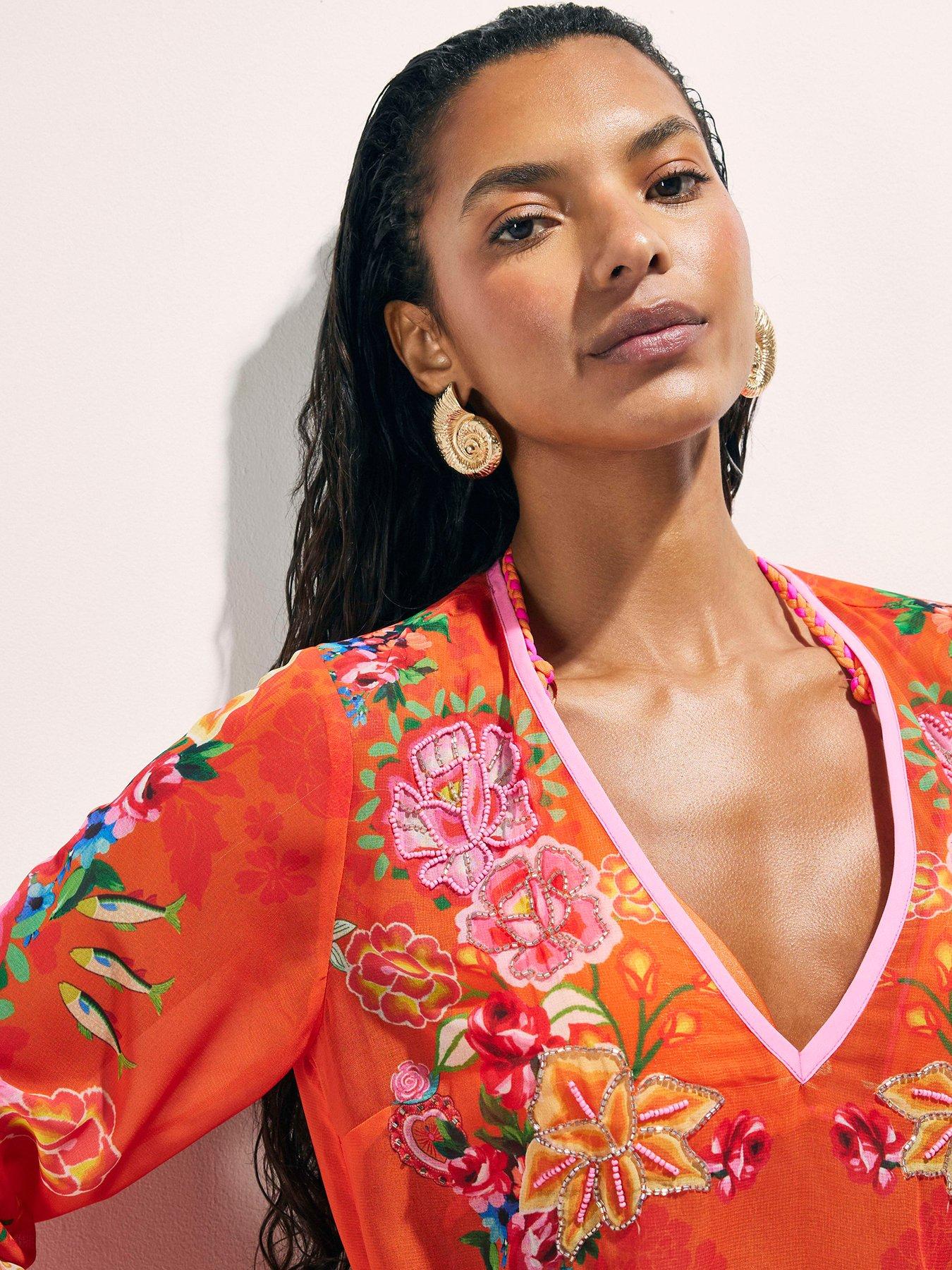 Image 4 of 4 of River Island Floral Emb Border Tunic - Orange