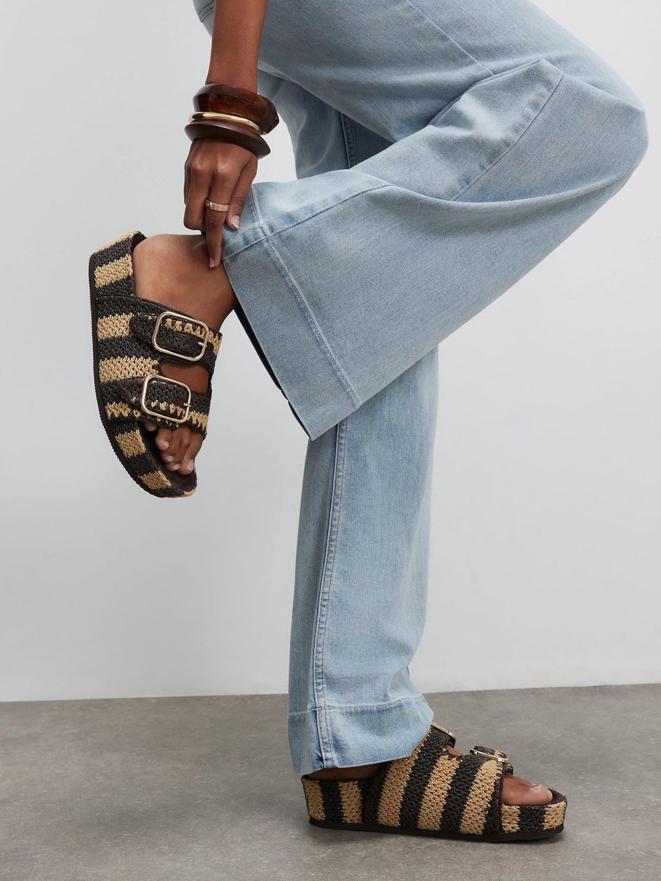 River Island Stripe Raffia Footbed Sandal - Brown