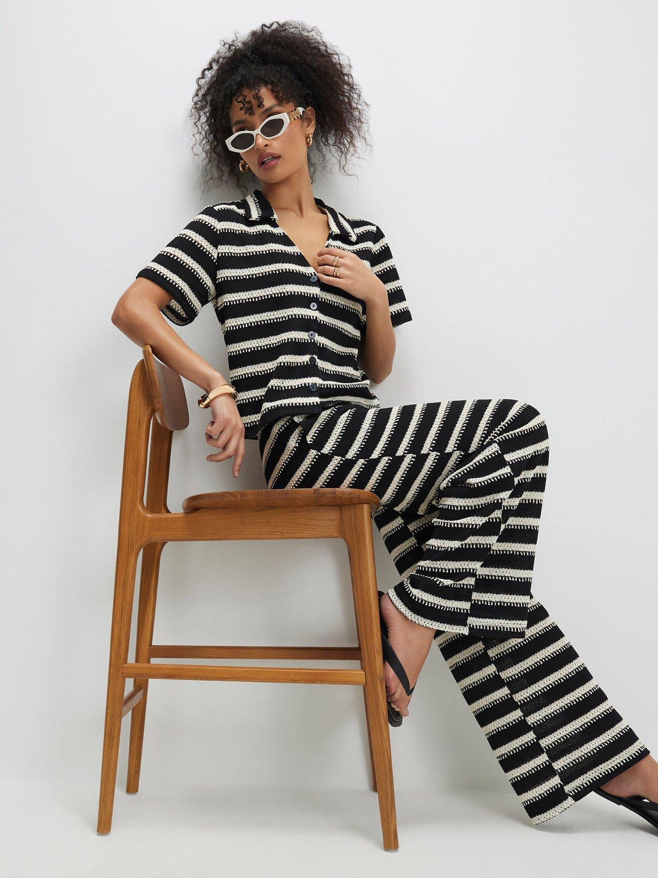 Image 3 of 4 of River Island Stripe Texture Wideleg Trouser - Black
