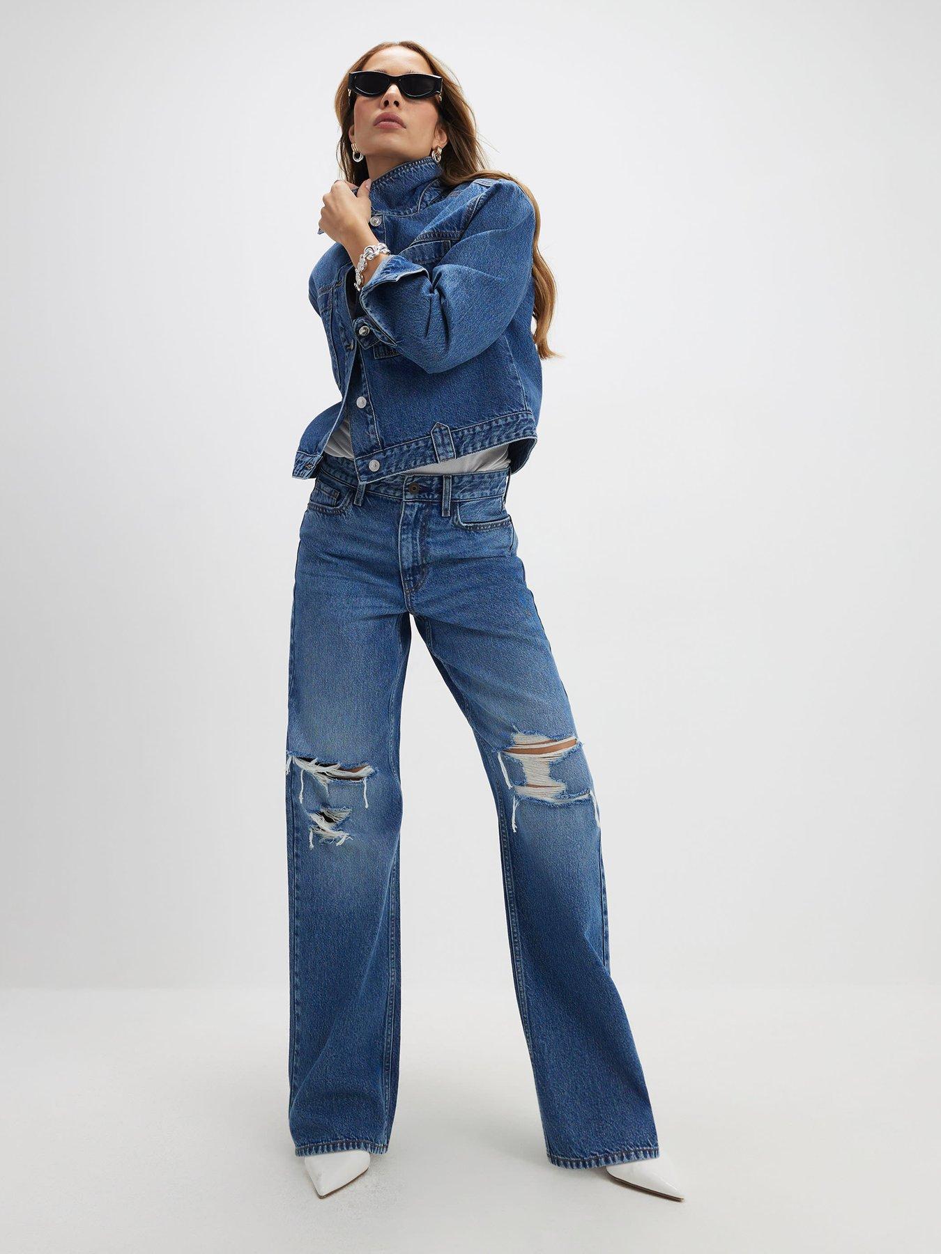 Image 1 of 5 of River Island Relaxed Straight Ripped DK Jeans - Blue