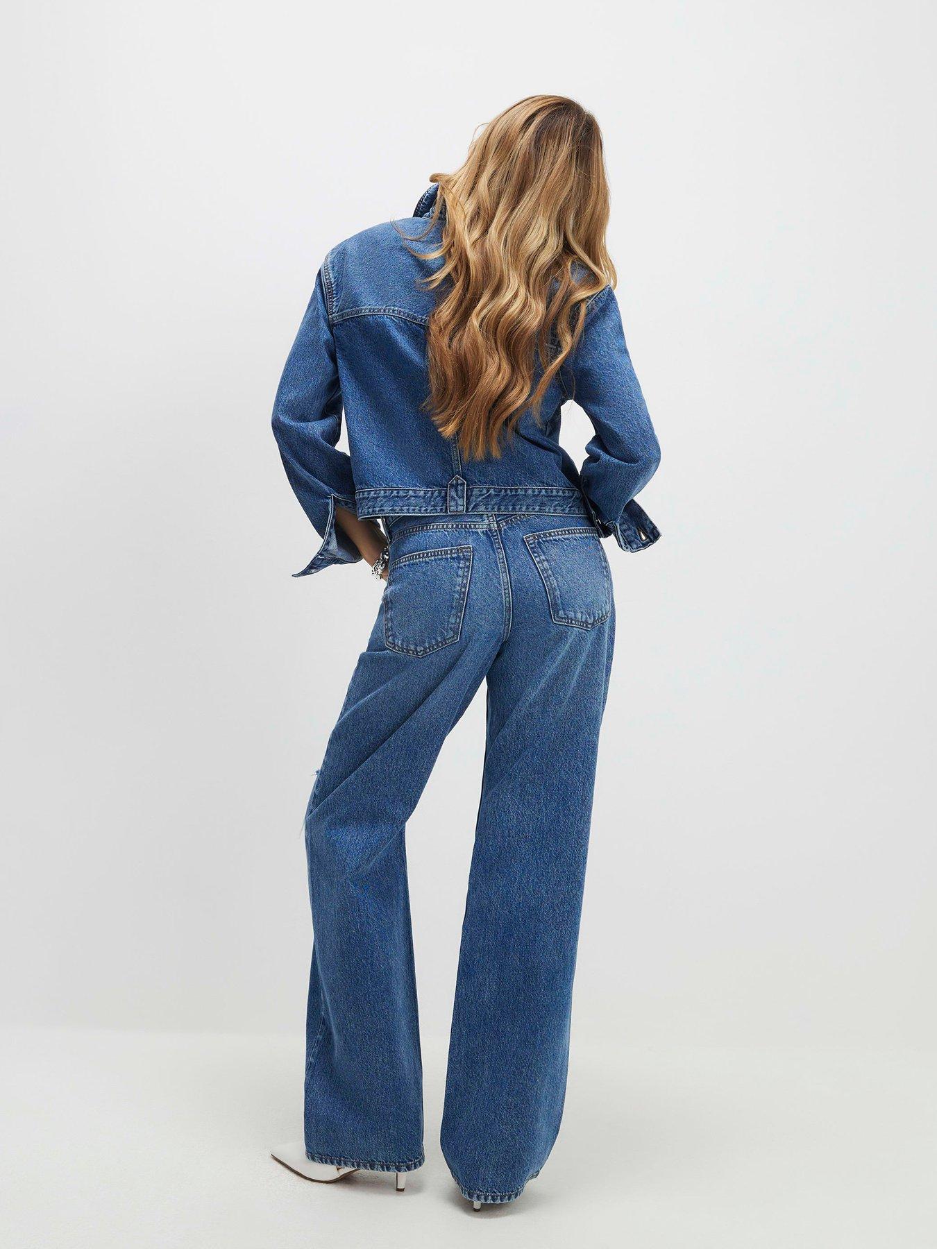 Image 2 of 5 of River Island Relaxed Straight Ripped DK Jeans - Blue