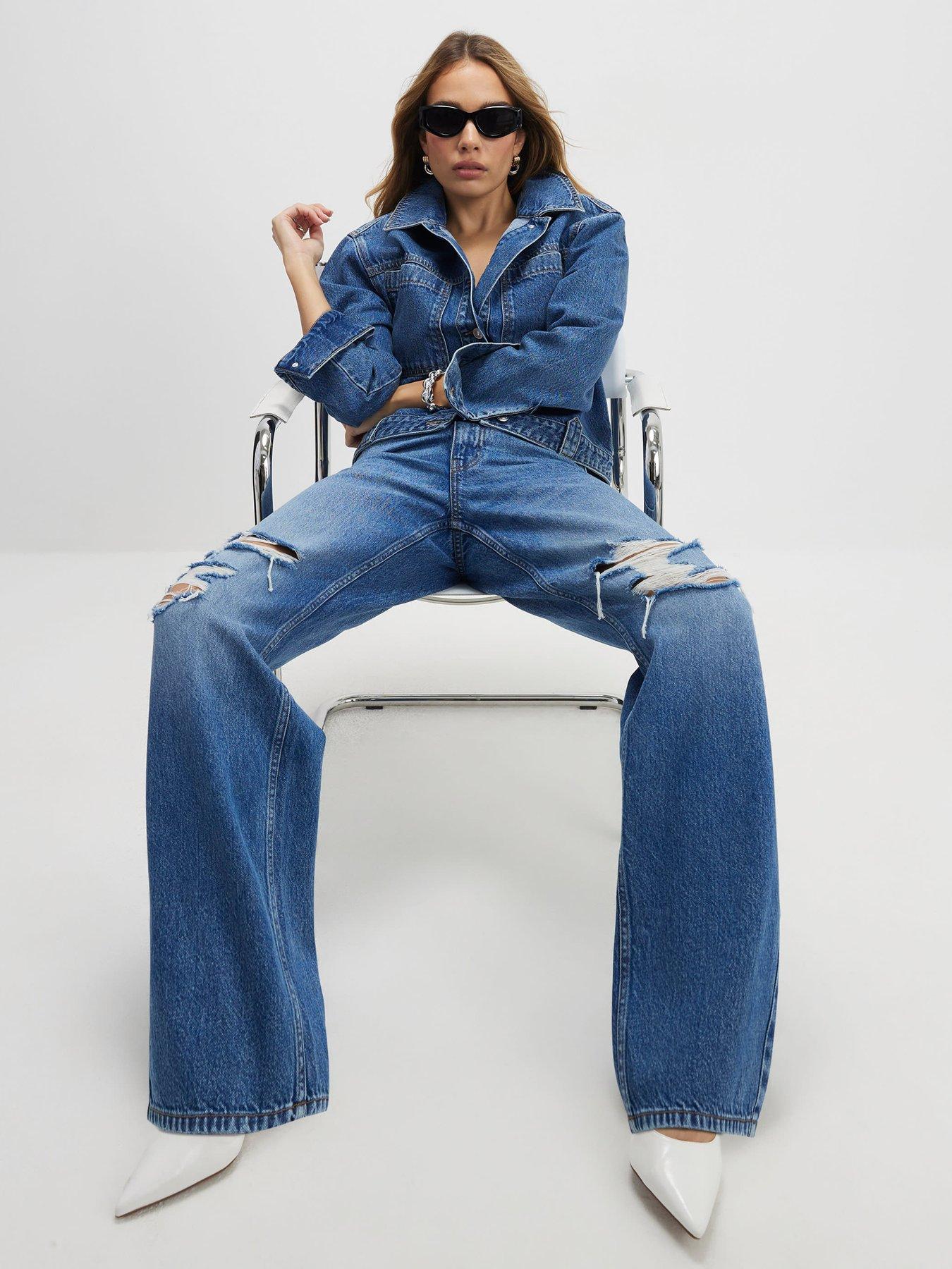Image 3 of 5 of River Island Relaxed Straight Ripped DK Jeans - Blue