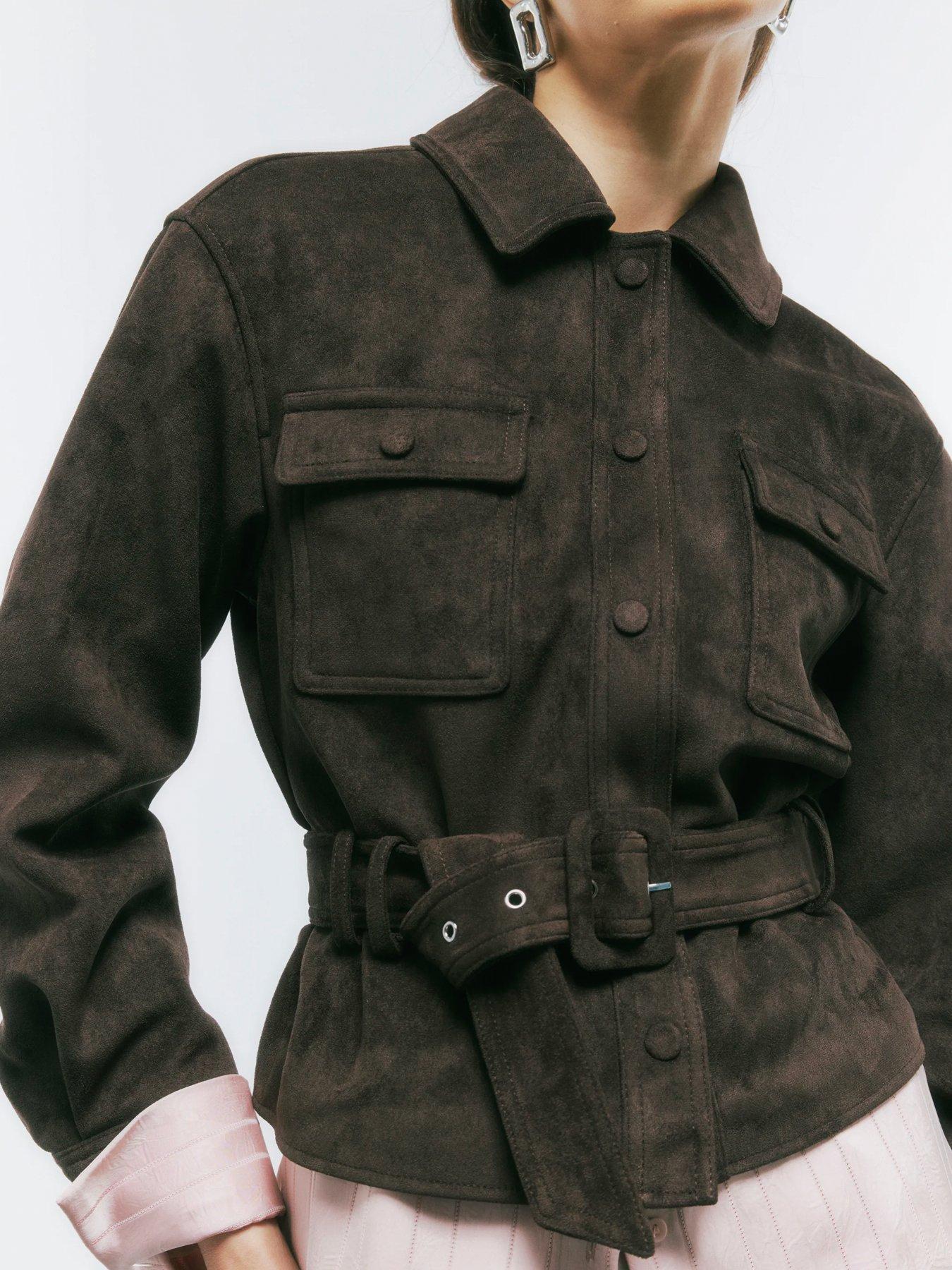 Image 1 of 3 of River Island Belted Long Sleeve Suedette Shirt - Brown