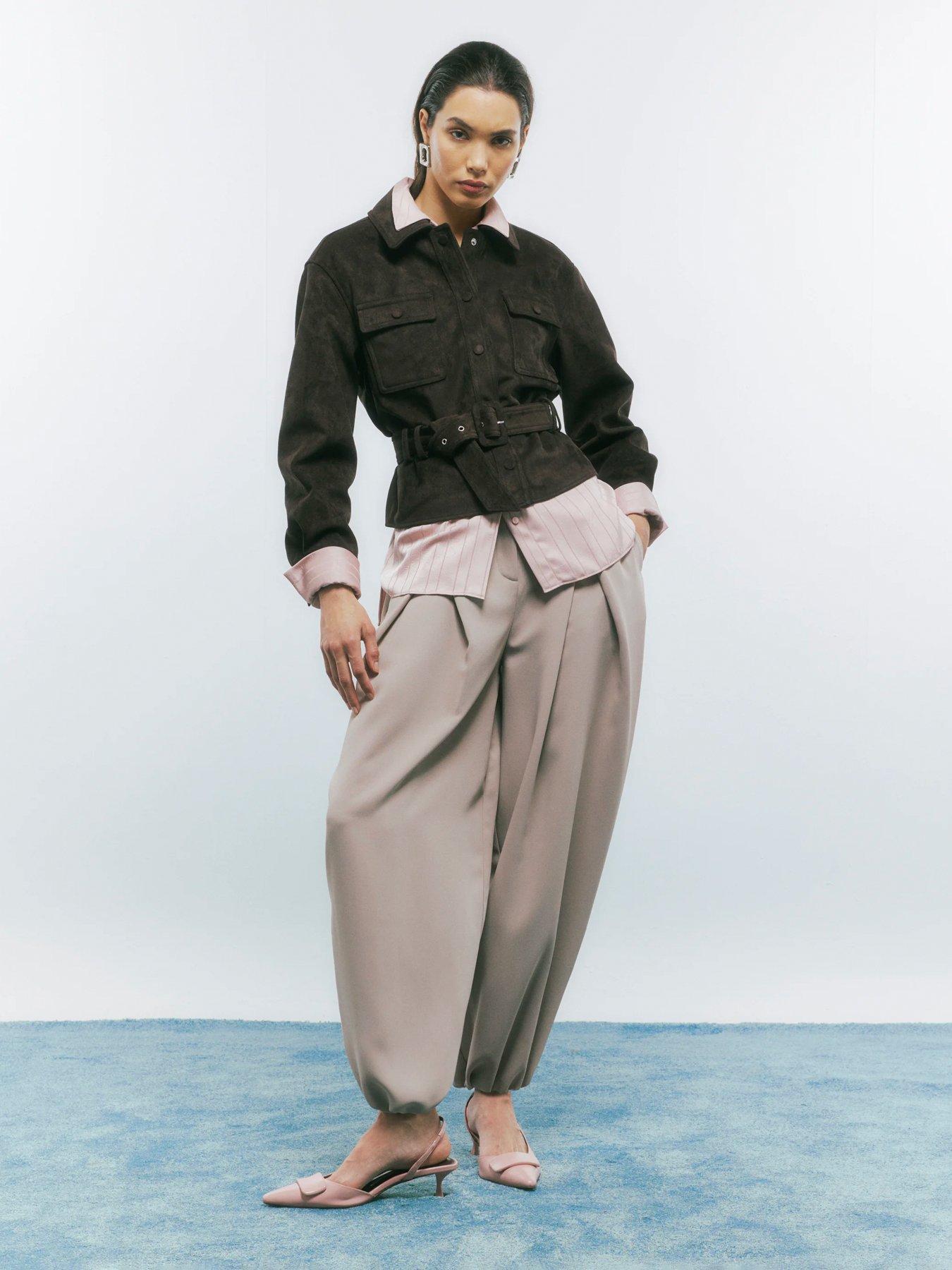 Image 2 of 3 of River Island Belted Long Sleeve Suedette Shirt - Brown