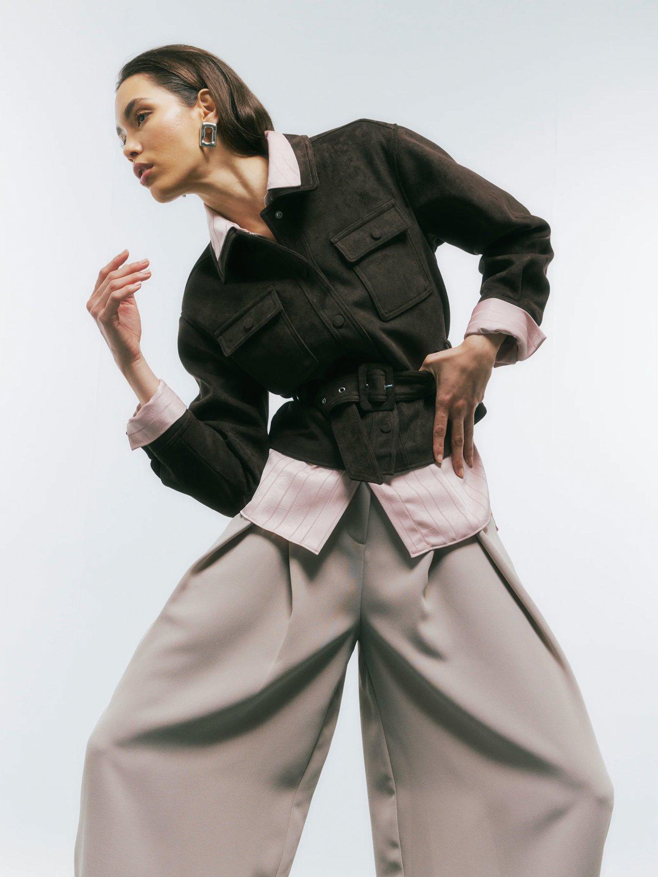 Image 3 of 3 of River Island Belted Long Sleeve Suedette Shirt - Brown