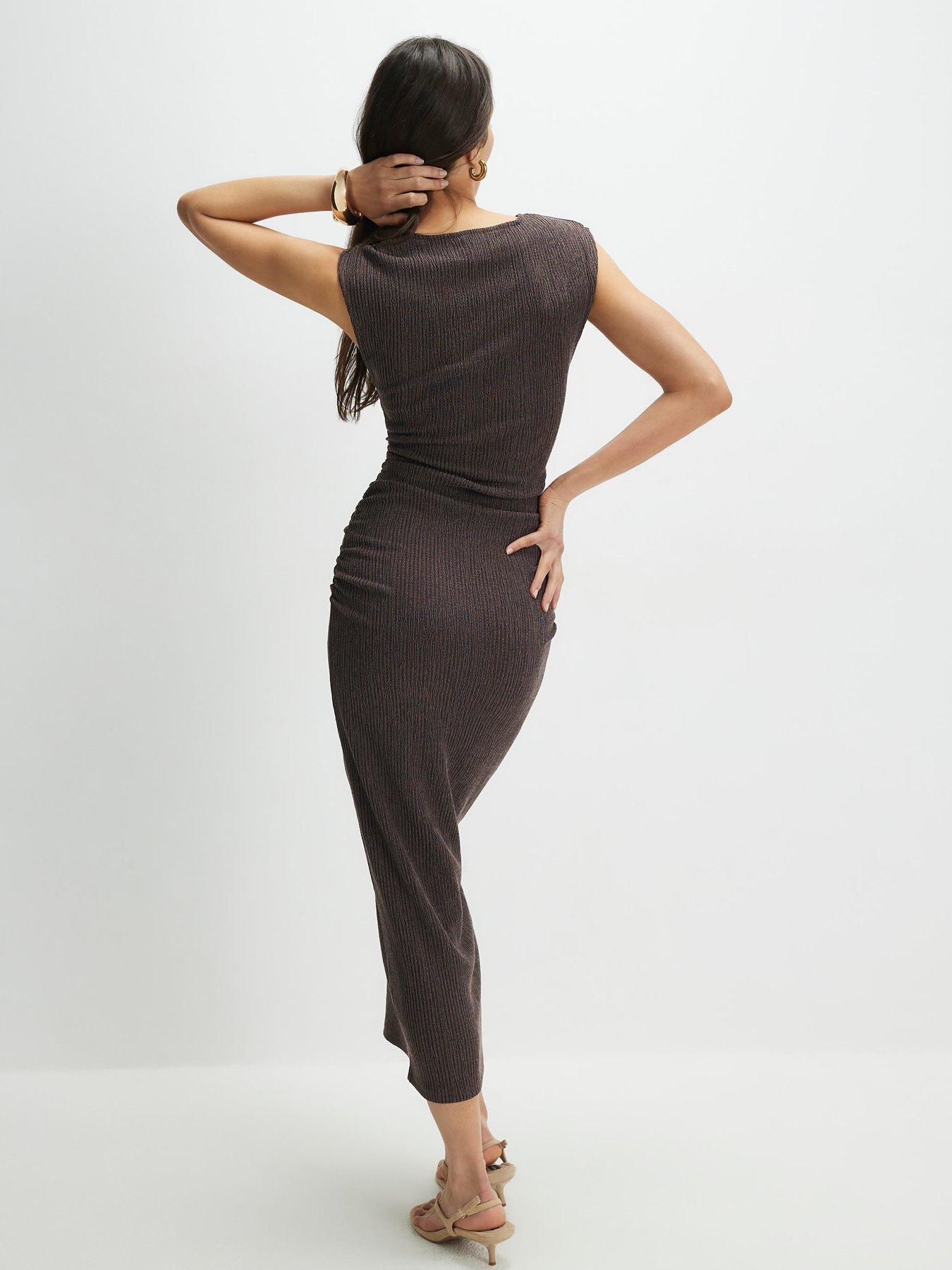 Image 2 of 4 of River Island Short Sleeve Texture Ruched Midi Dress - Brown