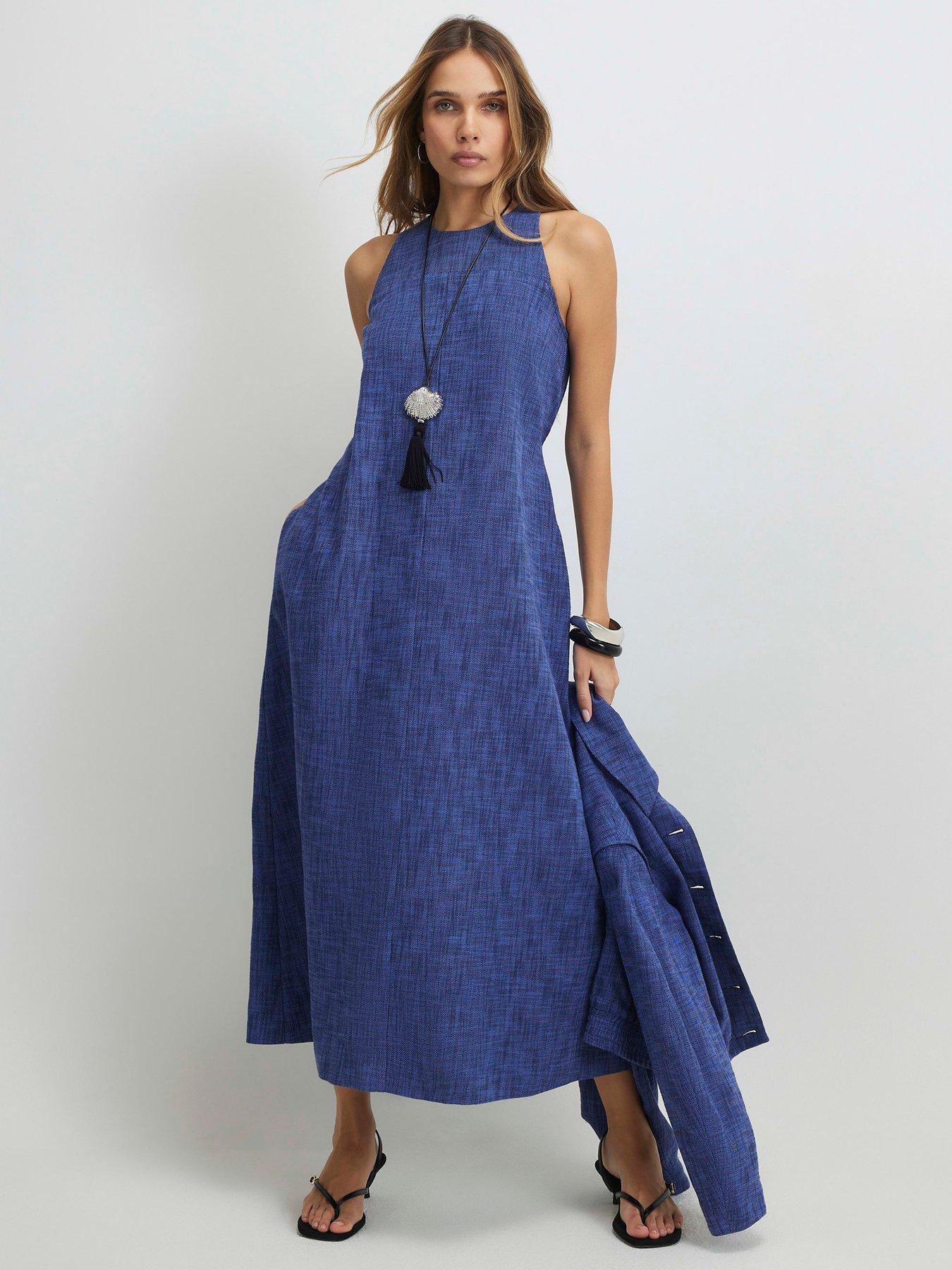 River Island Sl Linen Midi Dress - Blue