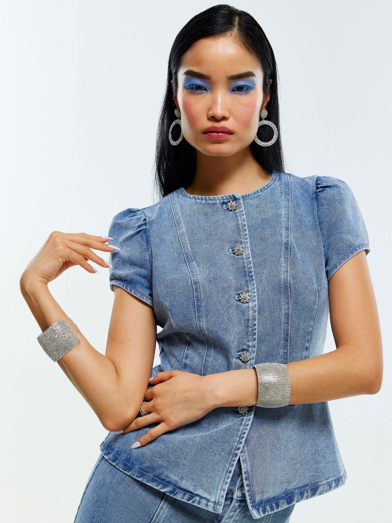 Image 1 of 4 of River Island Peplum Bling Sebastian Top - Blue
