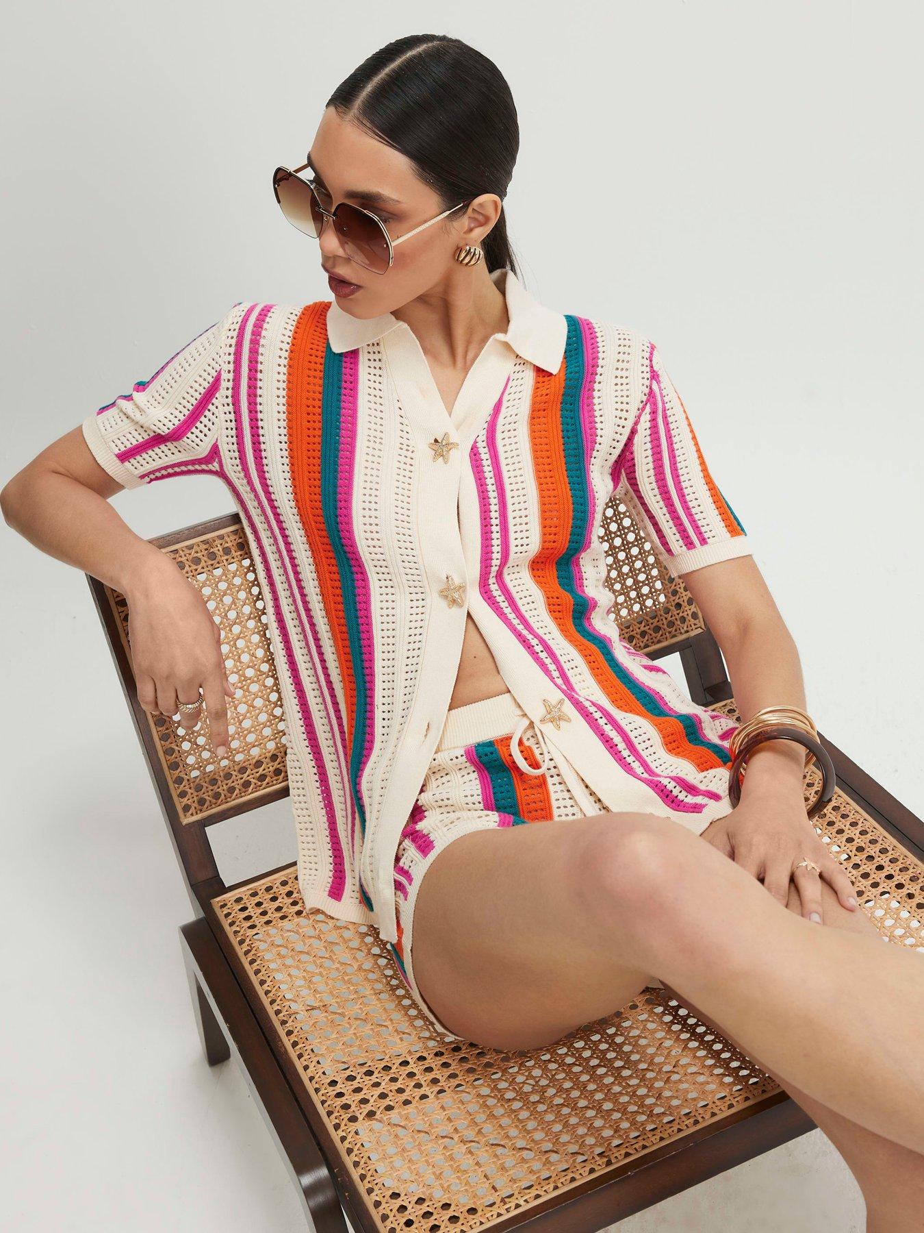 Image 1 of 6 of River Island Striped Collared Top - Cream