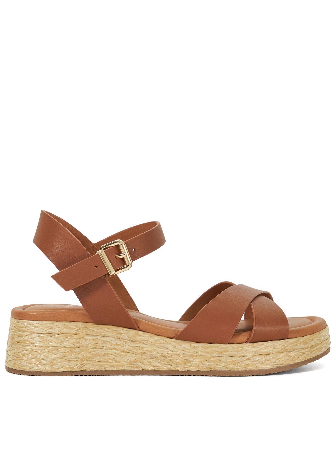 Image 1 of 6 of Dune London Littleton Leather Raffia Flatform Sandals - Tan