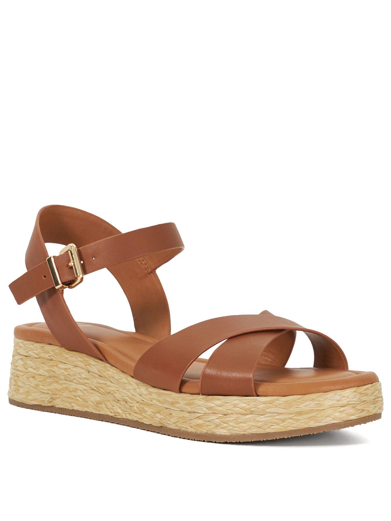 Image 2 of 6 of Dune London Littleton Leather Raffia Flatform Sandals - Tan