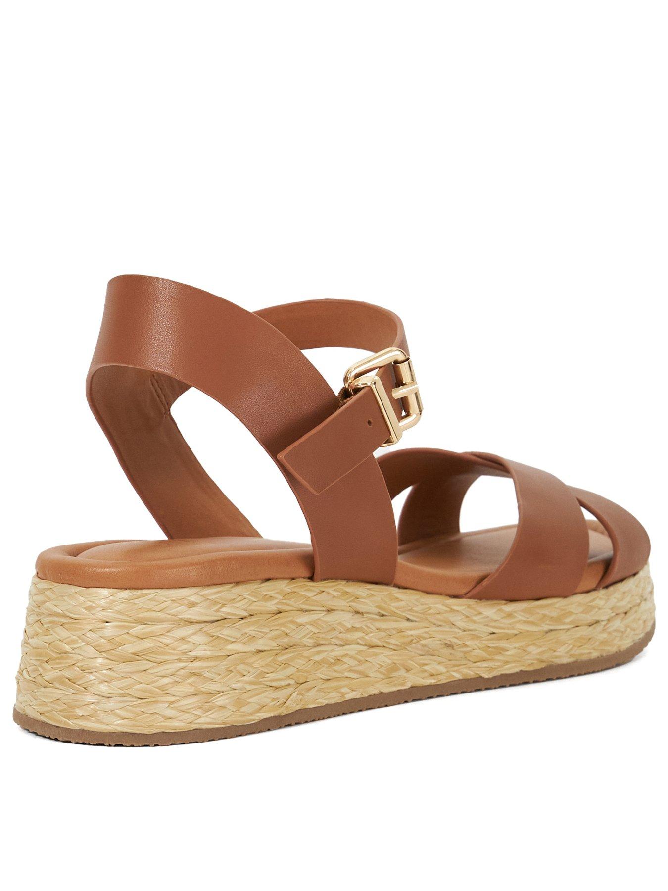 Image 3 of 6 of Dune London Littleton Leather Raffia Flatform Sandals - Tan