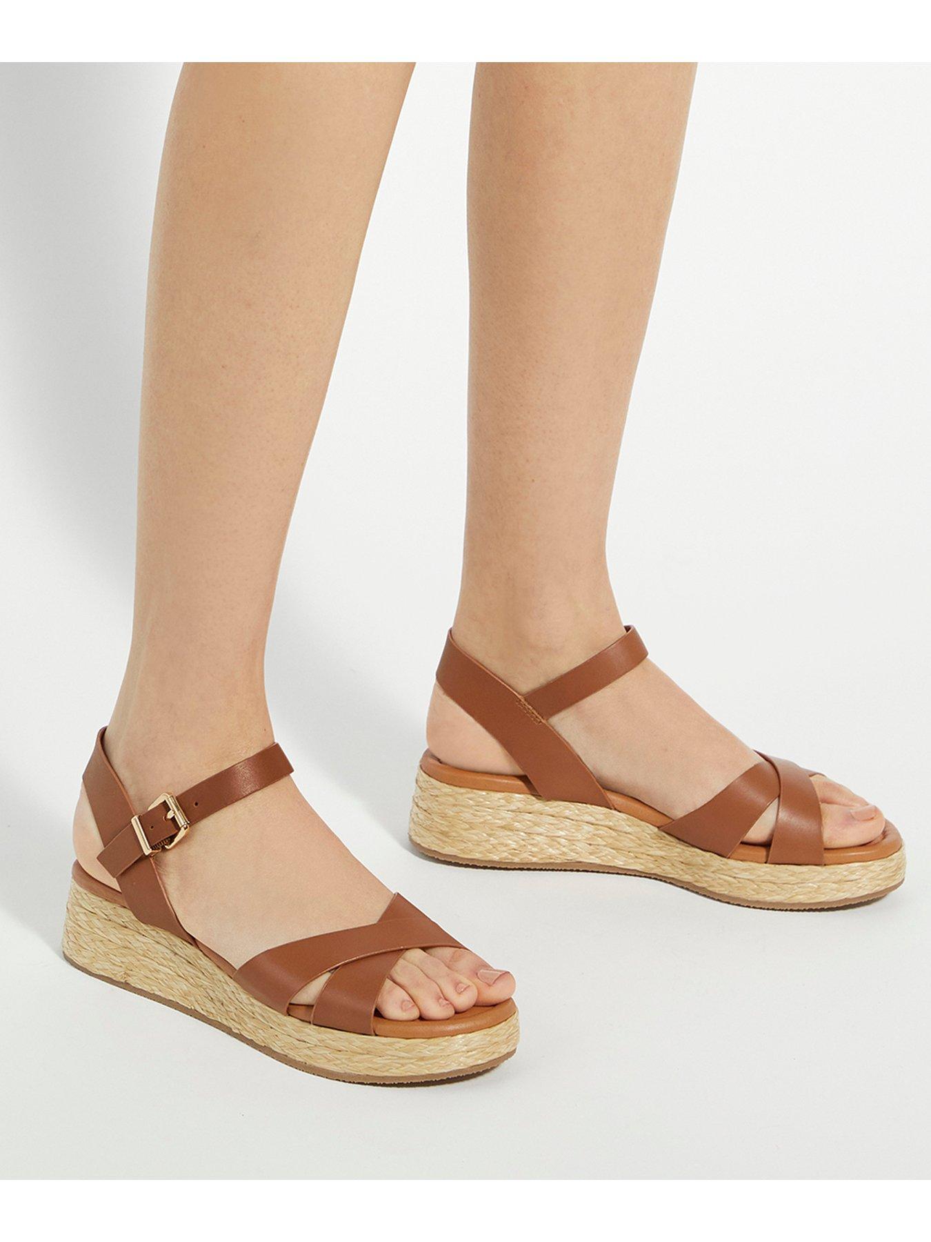 Image 6 of 6 of Dune London Littleton Leather Raffia Flatform Sandals - Tan