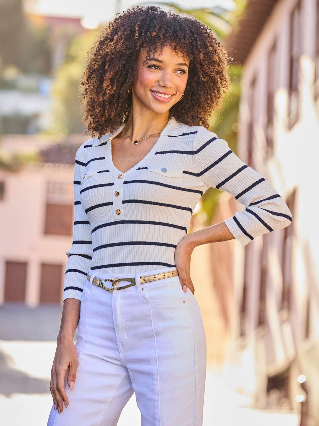 Image 1 of 4 of Sosandar Stripe V Neck Collar Knitted Rib Jumper - Ivory