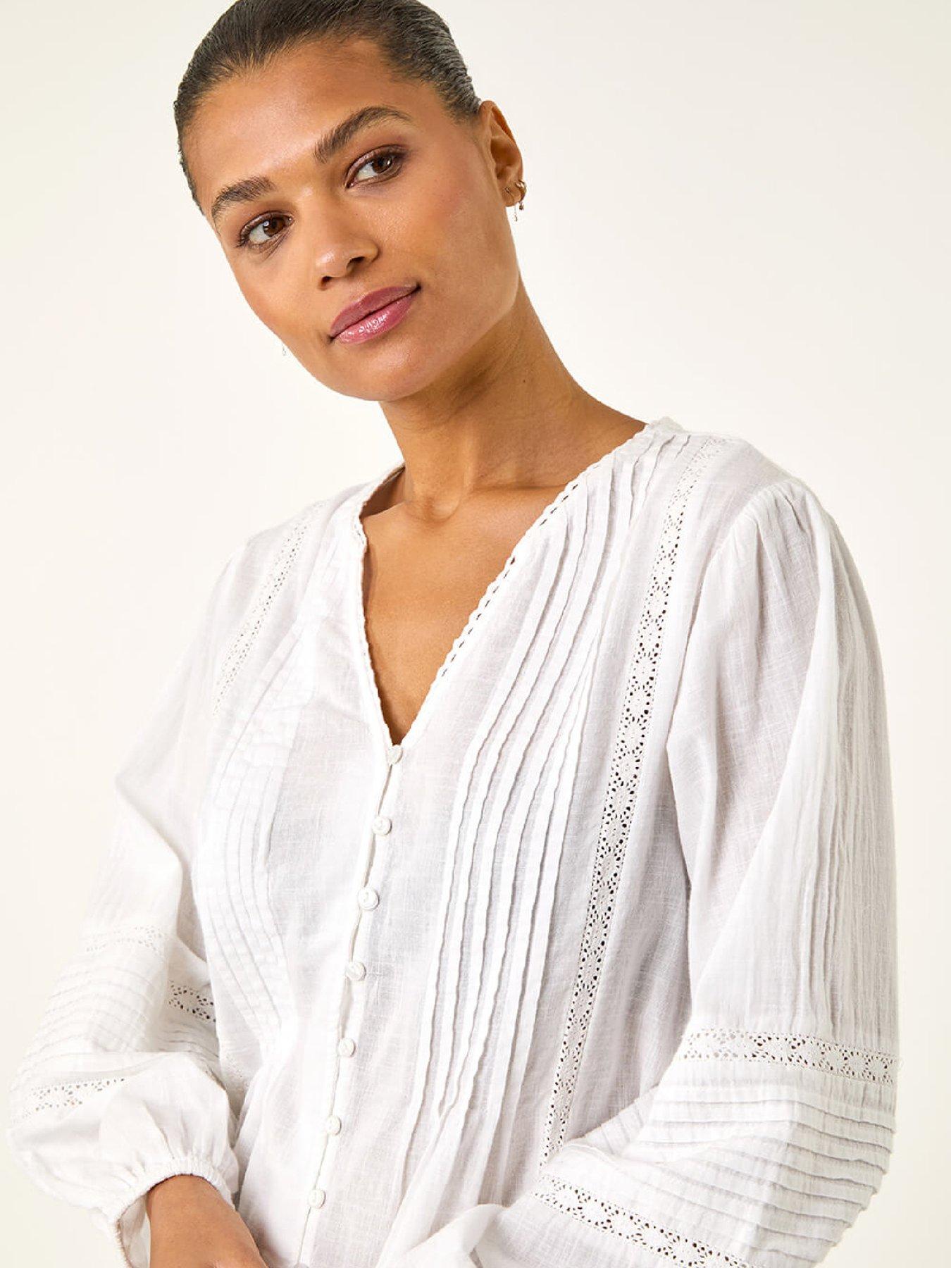 Image 4 of 5 of Roman Pleated V-neck Cotton Blouse