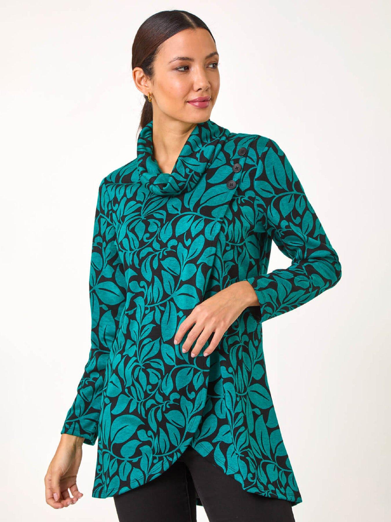 Image 1 of 5 of Roman Leaf Print Cowl Neck Top