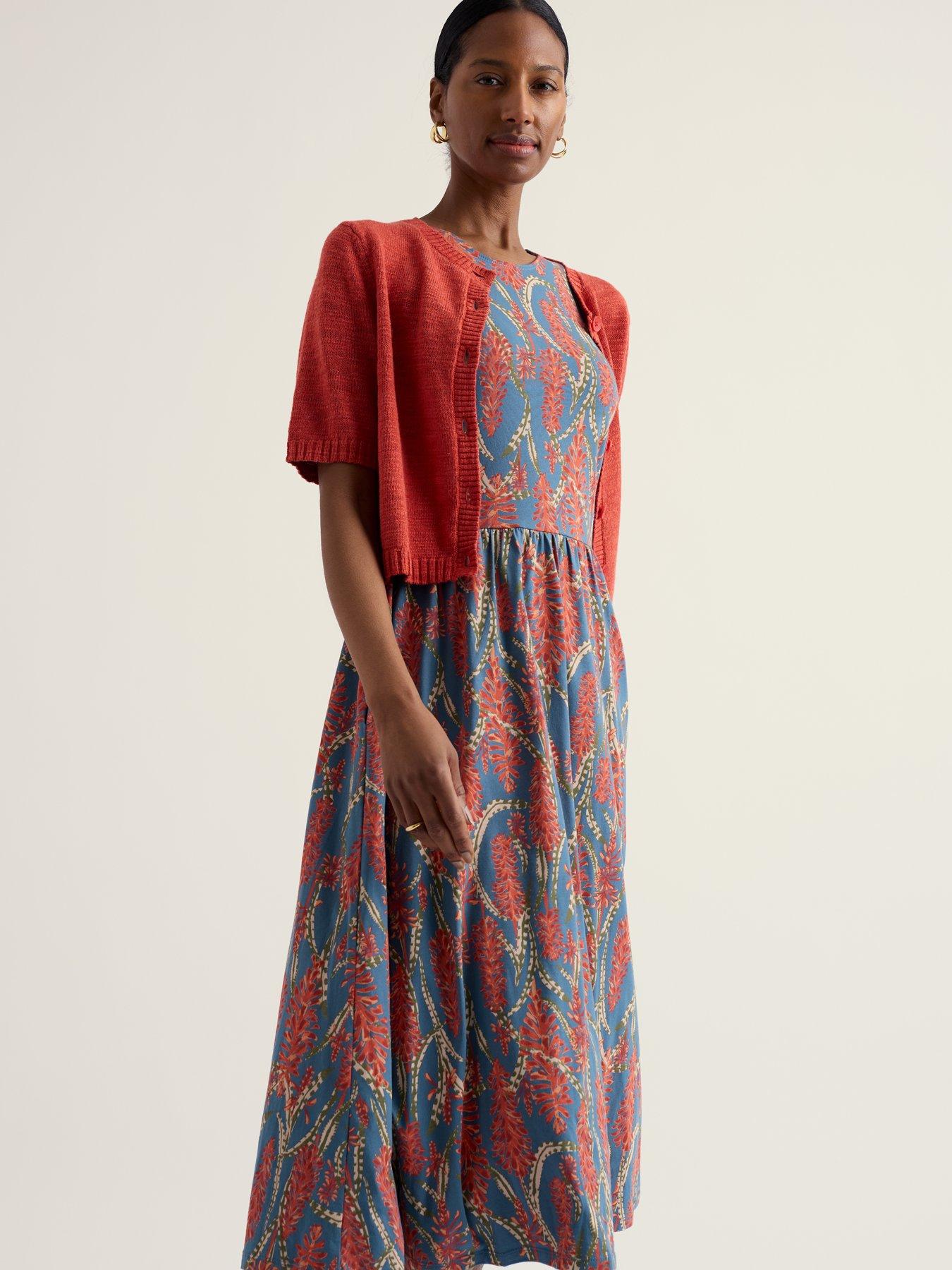 Seasalt Cornwall Porthmeor Wave Cotton Jersey Dress - Red Hot Poker Dusk