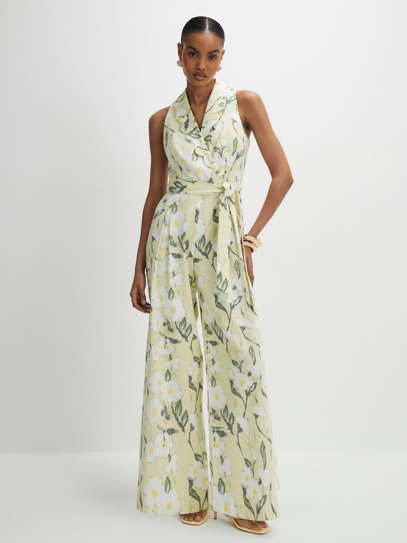 Image 1 of 4 of River Island Floral Scallop Linen Jumpsuit - Green