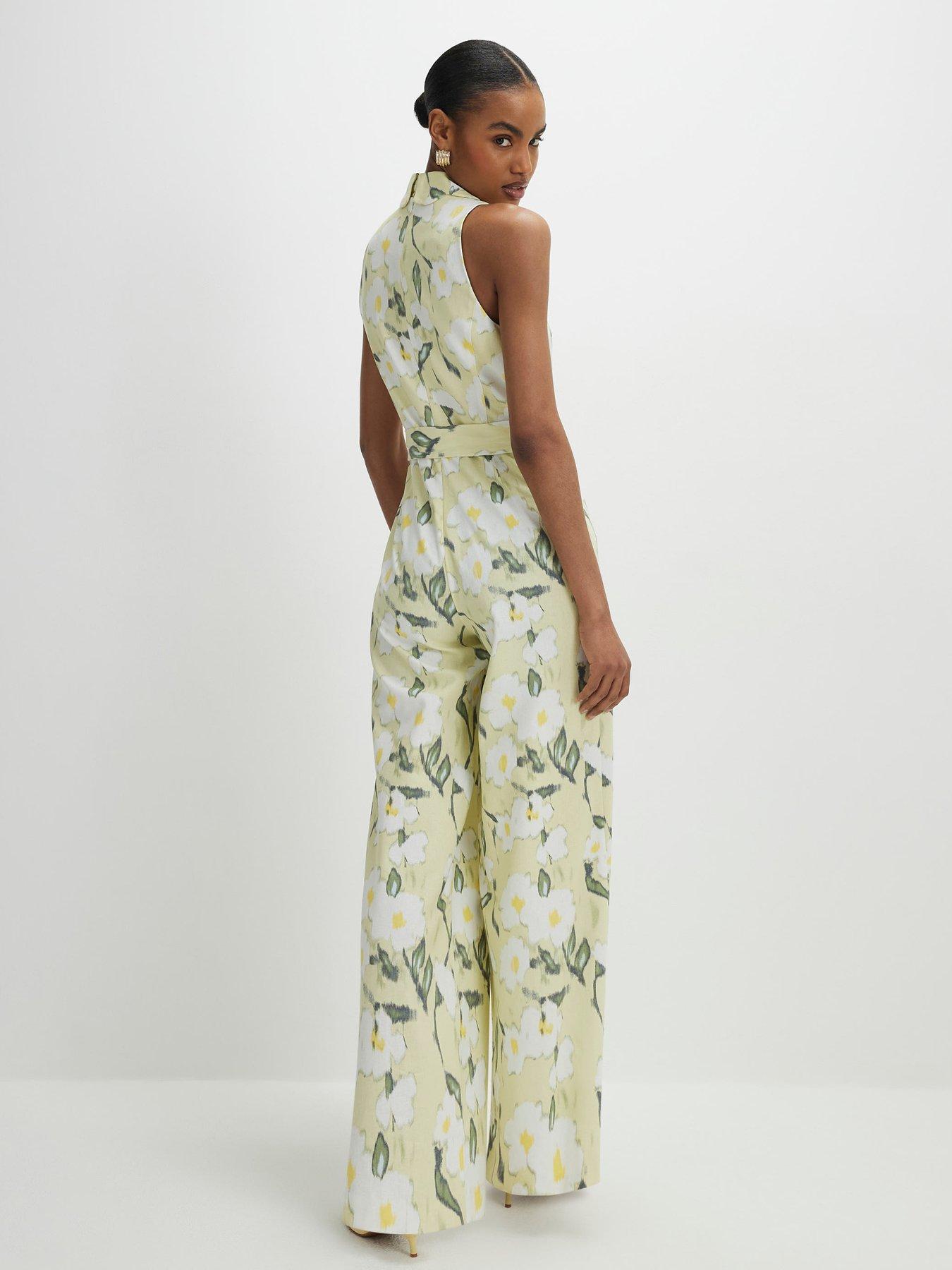 Image 2 of 4 of River Island Floral Scallop Linen Jumpsuit - Green