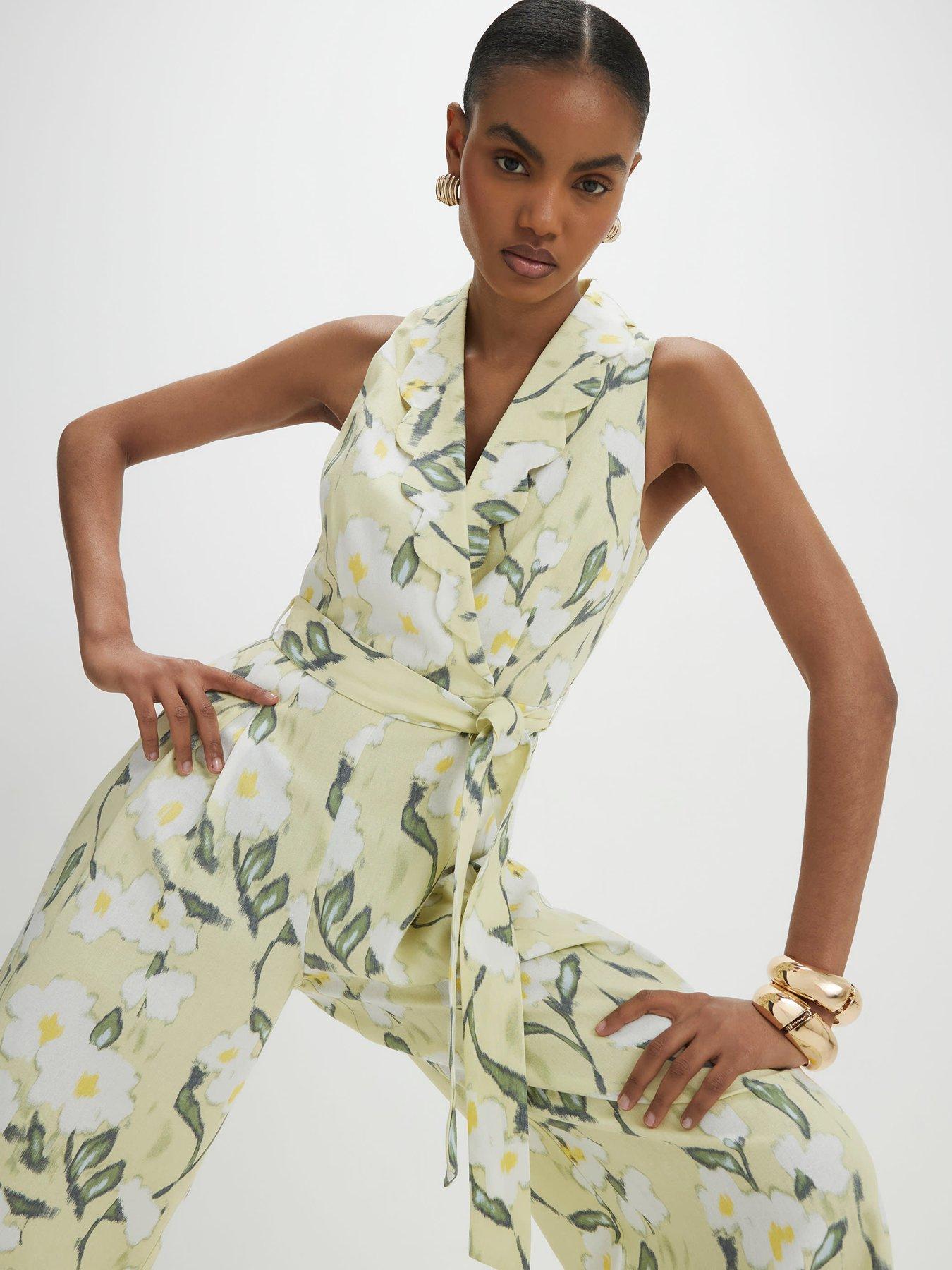 Image 3 of 4 of River Island Floral Scallop Linen Jumpsuit - Green