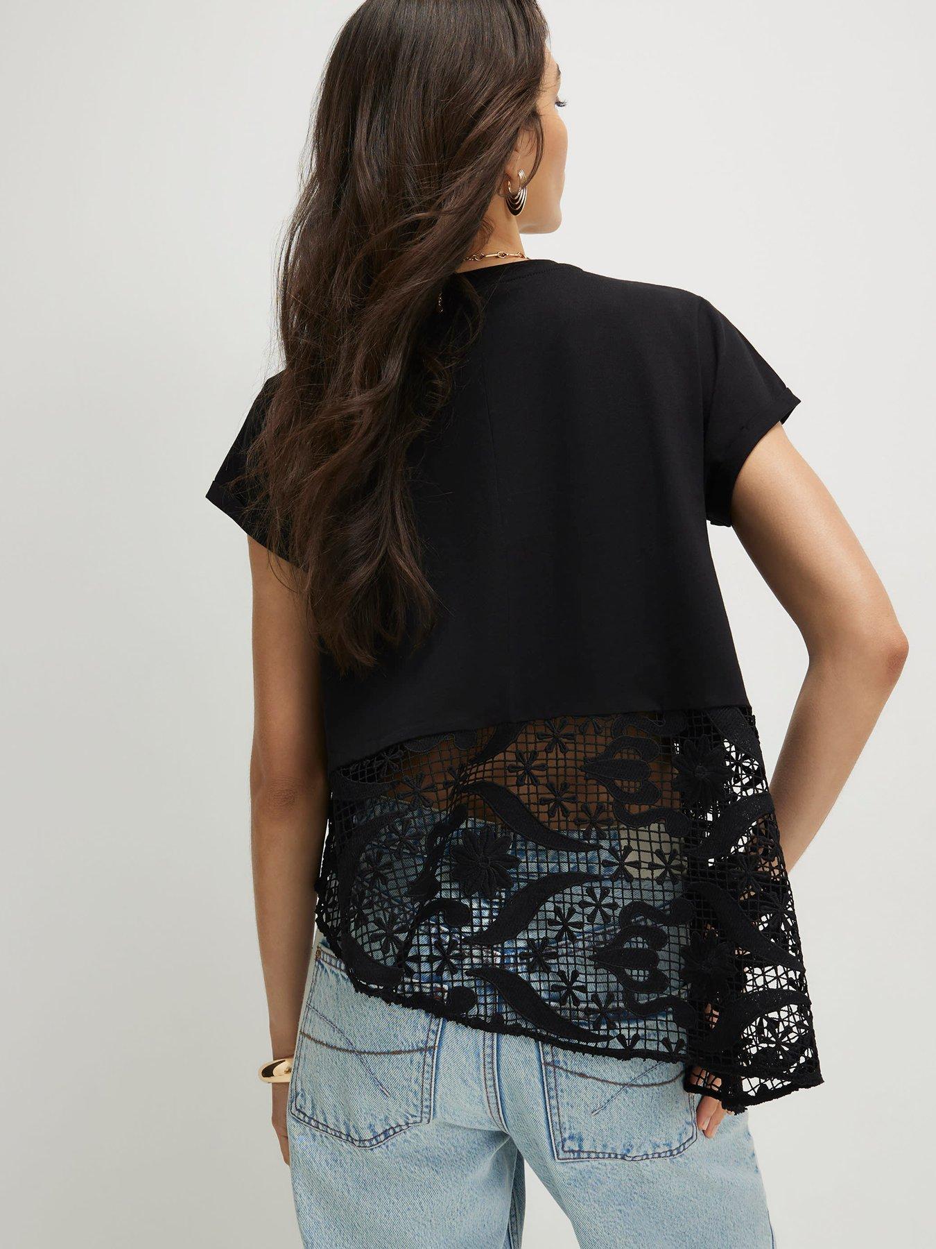 Image 2 of 4 of River Island Short Sleeve Spliced Lace T-Shirt - Black