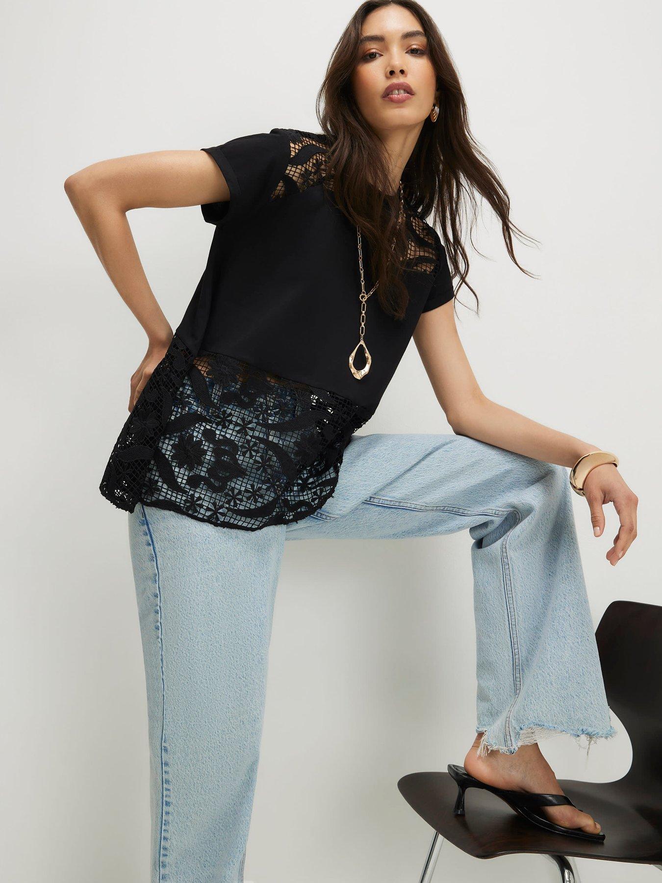 Image 4 of 4 of River Island Short Sleeve Spliced Lace T-Shirt - Black