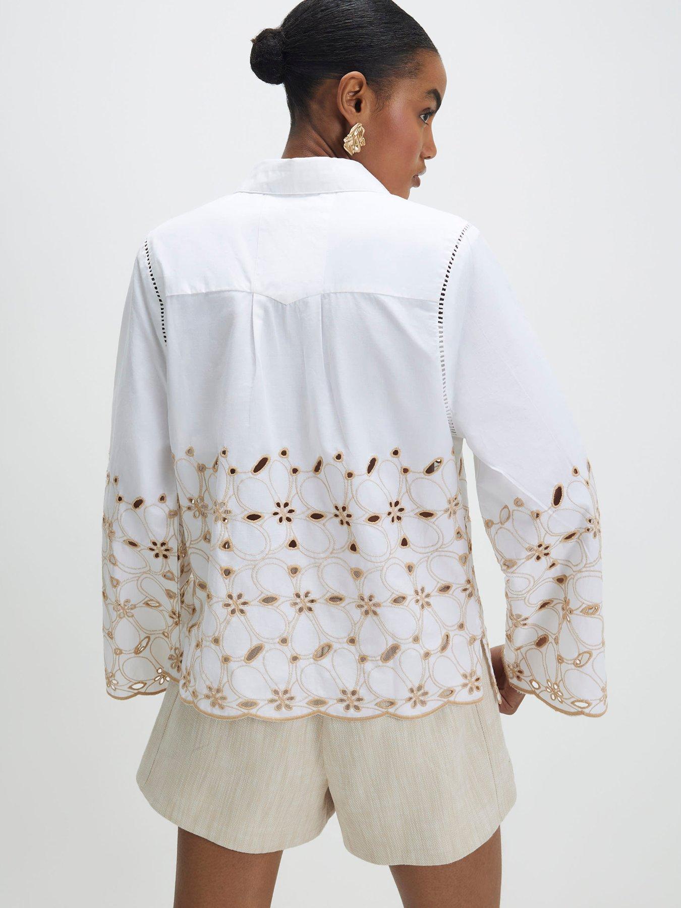 Image 2 of 6 of River Island Poplin Cutwork Hem Shirt - White