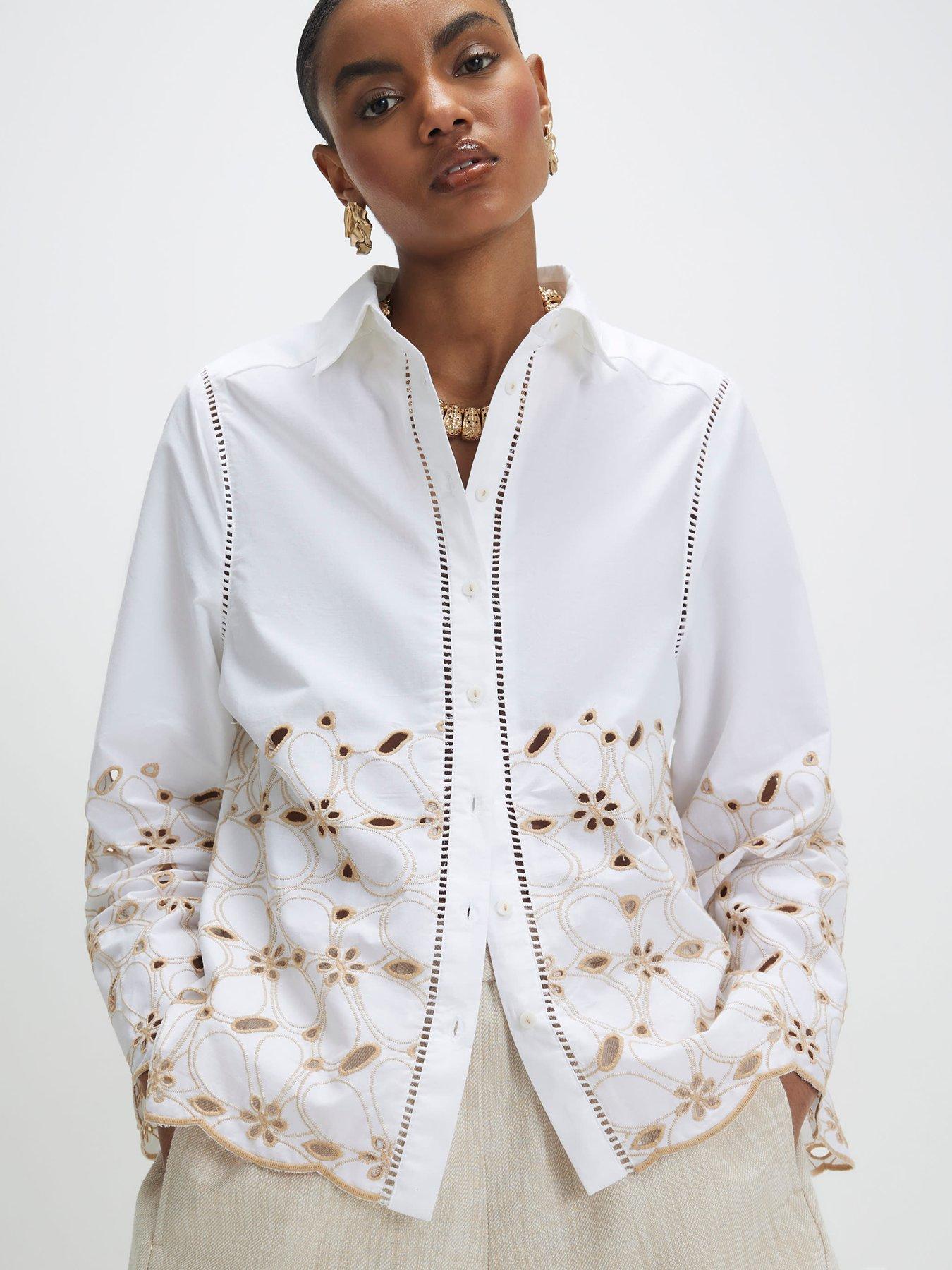 Image 4 of 6 of River Island Poplin Cutwork Hem Shirt - White