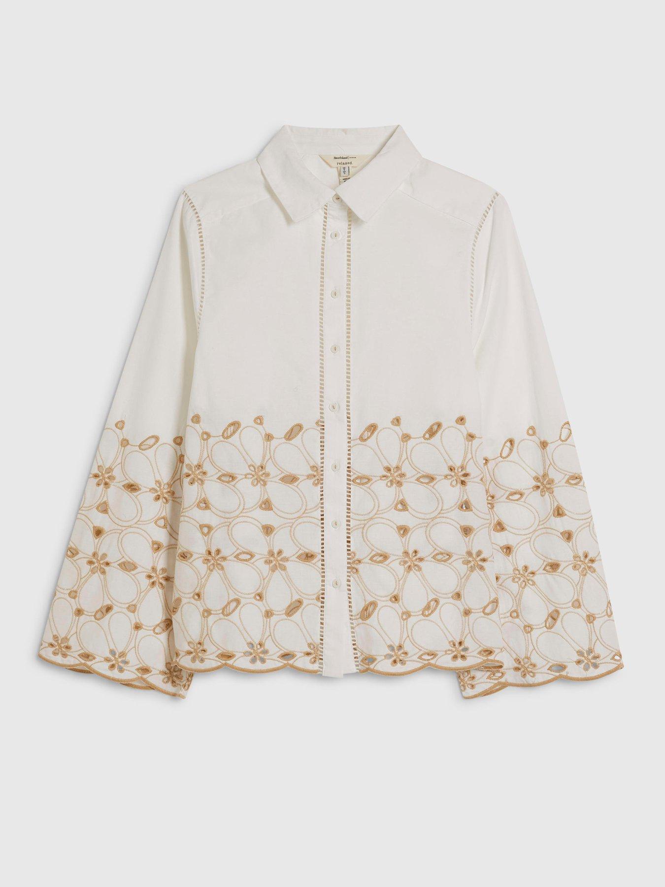 Image 5 of 6 of River Island Poplin Cutwork Hem Shirt - White