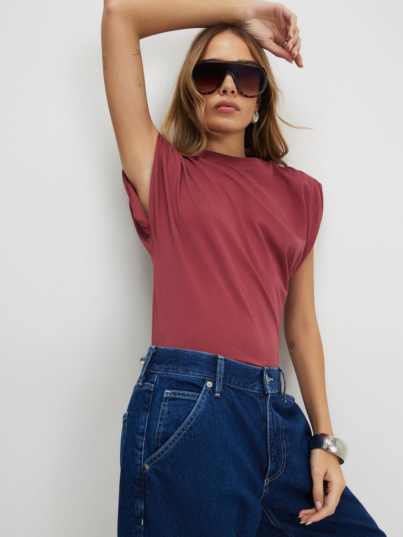 River Island Short Sleeve Ruched Shoulder T-Shirt - Red in Rust