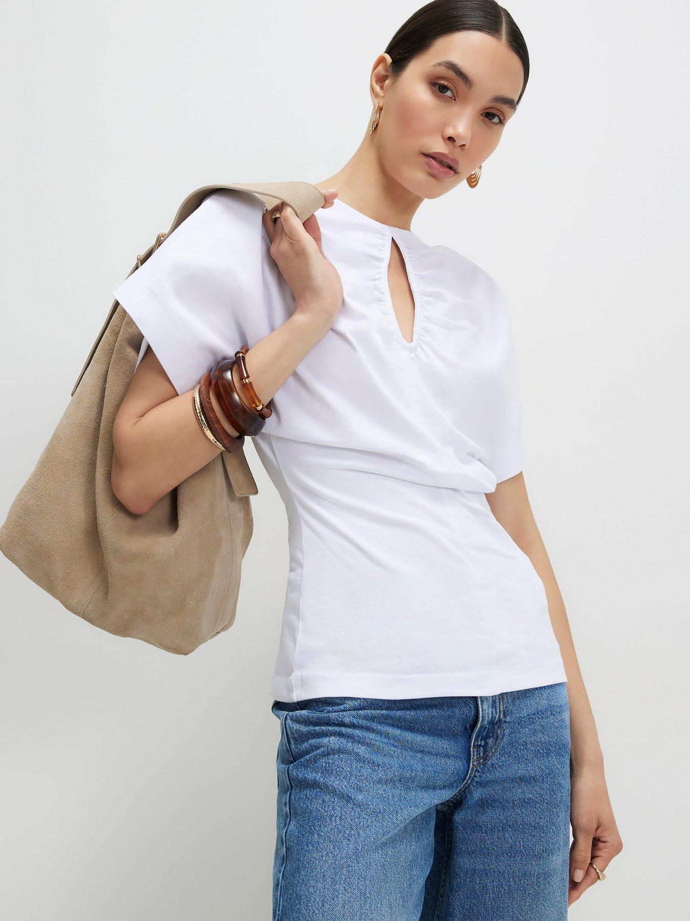 Image 1 of 6 of River Island Short Sleeve Angel Sleeve Cut Out T-Shirt - White