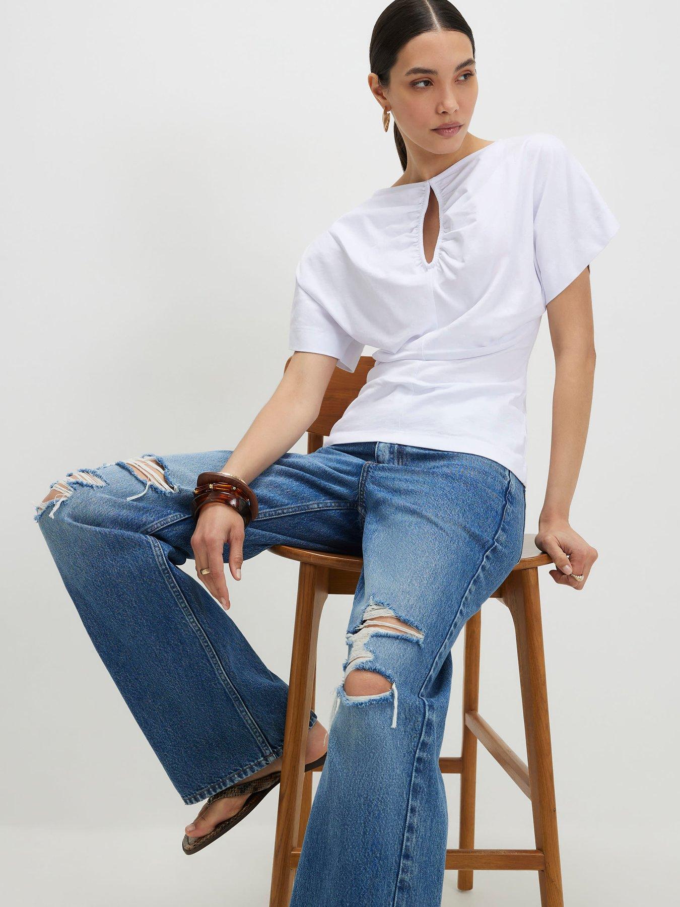 Image 4 of 6 of River Island Short Sleeve Angel Sleeve Cut Out T-Shirt - White