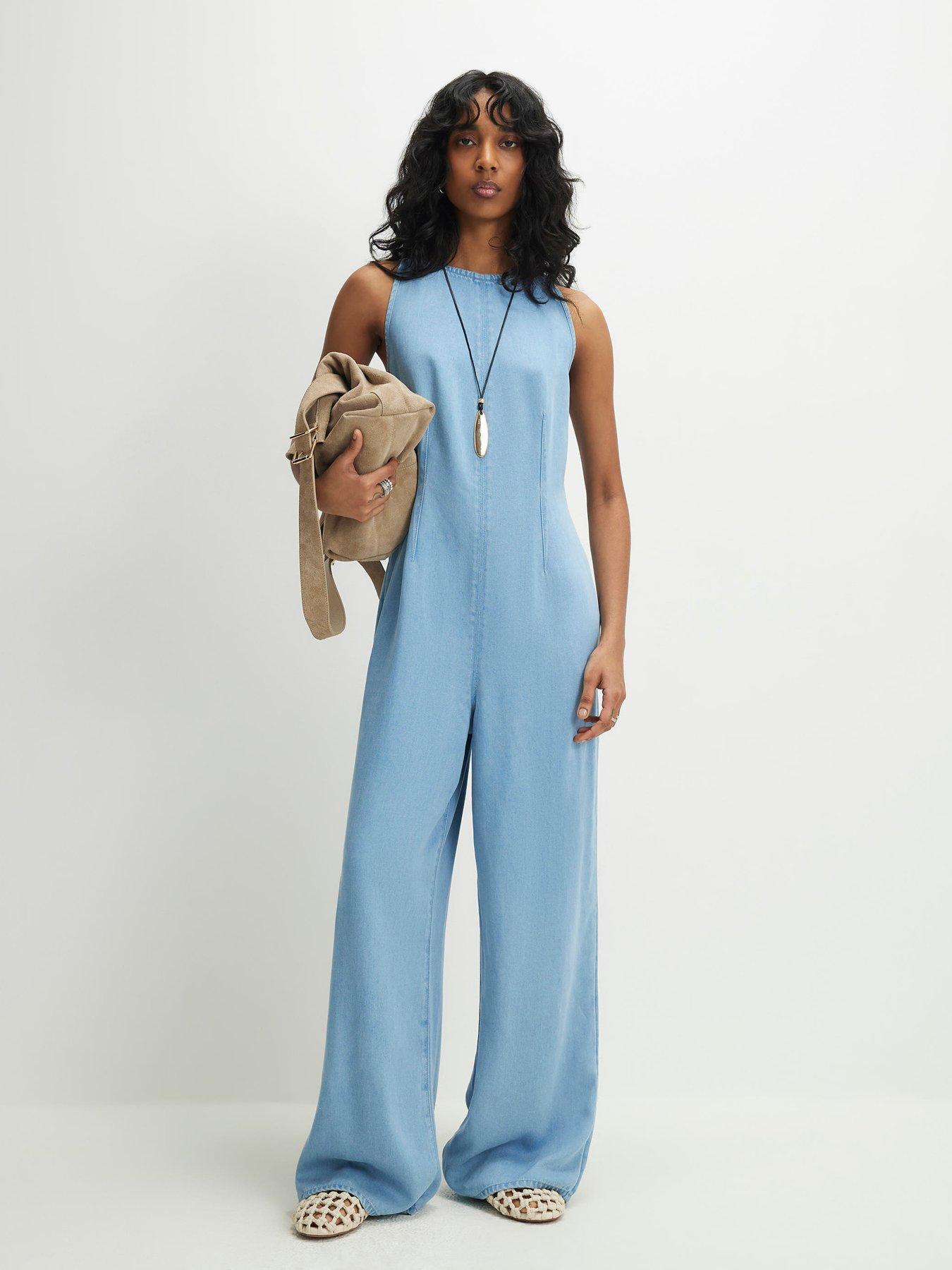 Image 1 of 6 of River Island Porto Boat Neck Wide Jumpsuit - Blue
