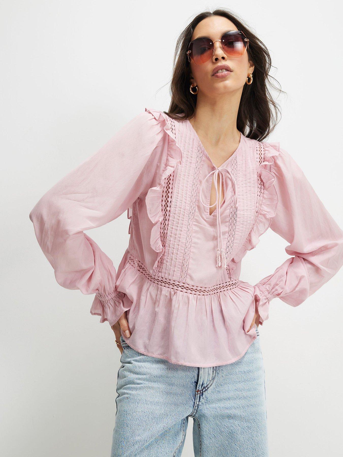 Image 1 of 6 of River Island Long Sleeve Lace Insert Blouse - Pink