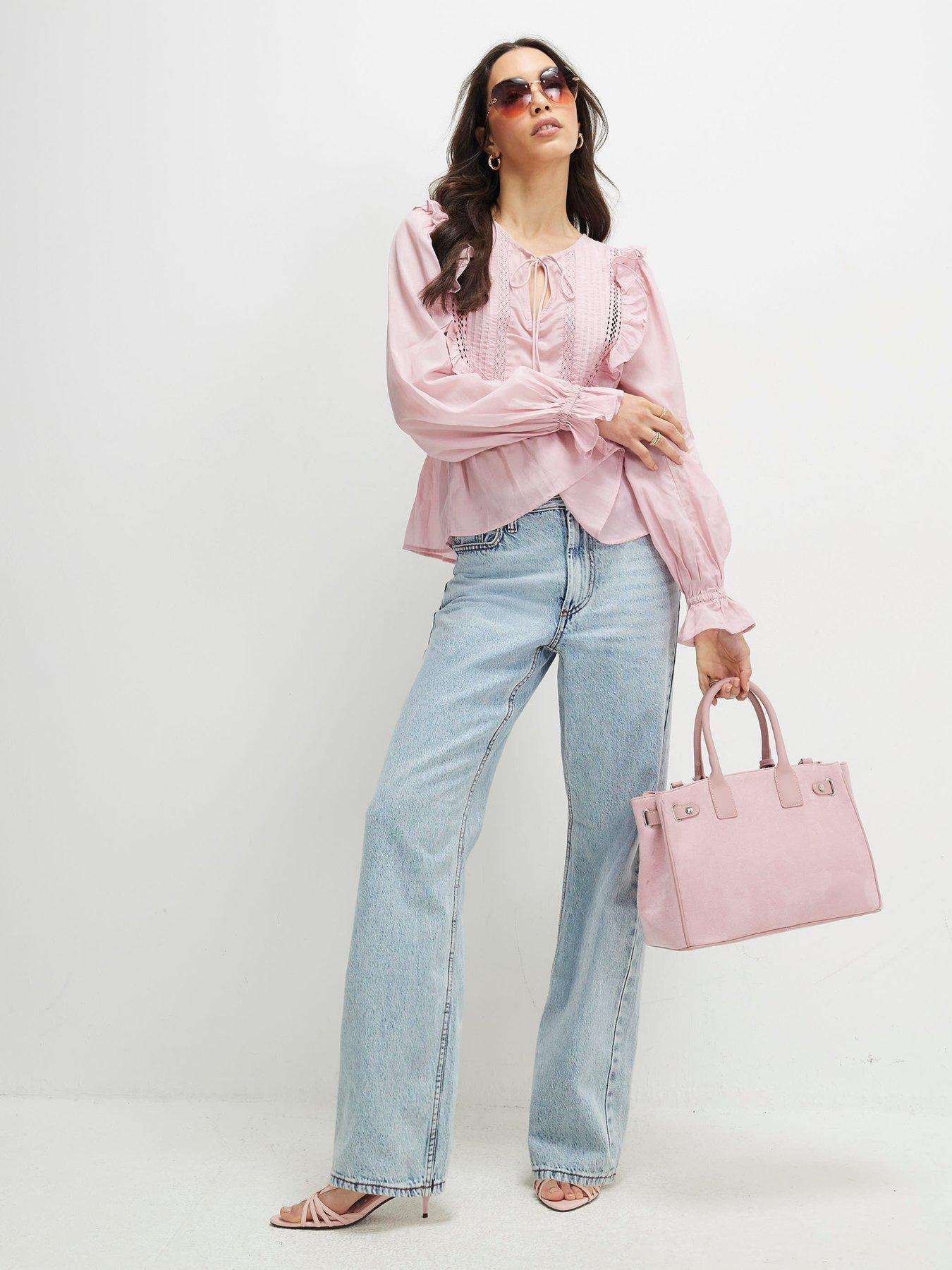 Image 3 of 6 of River Island Long Sleeve Lace Insert Blouse - Pink