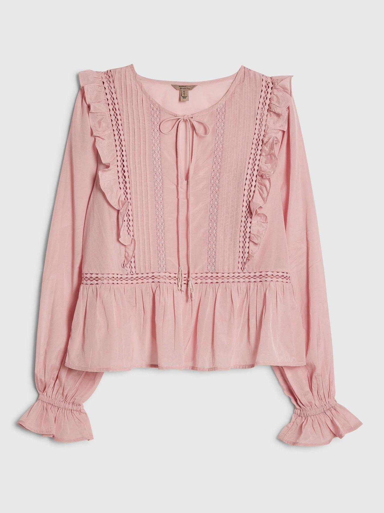 Image 5 of 6 of River Island Long Sleeve Lace Insert Blouse - Pink