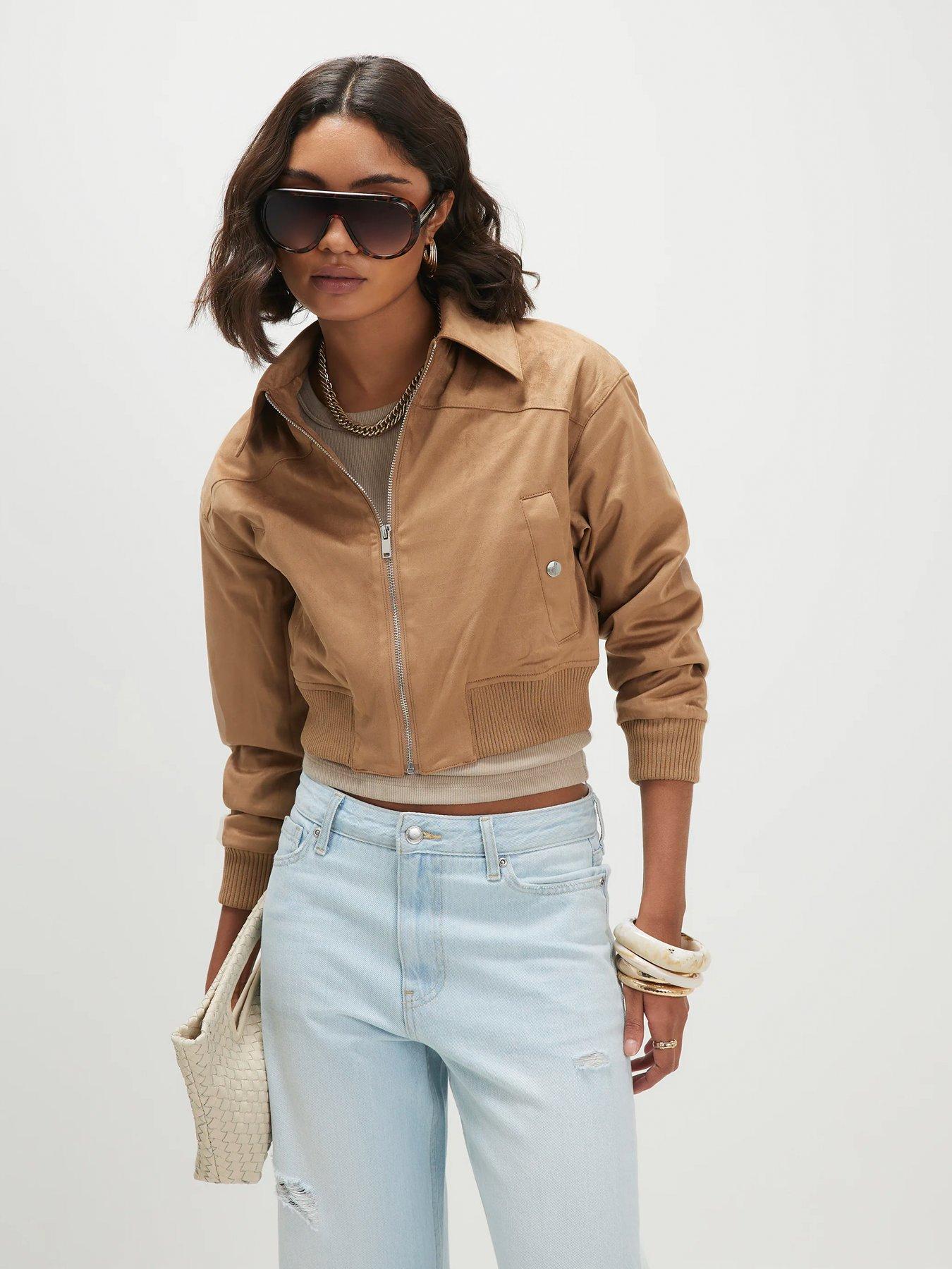 River Island Rib Hem Croc Suedette Bomber - Beige
